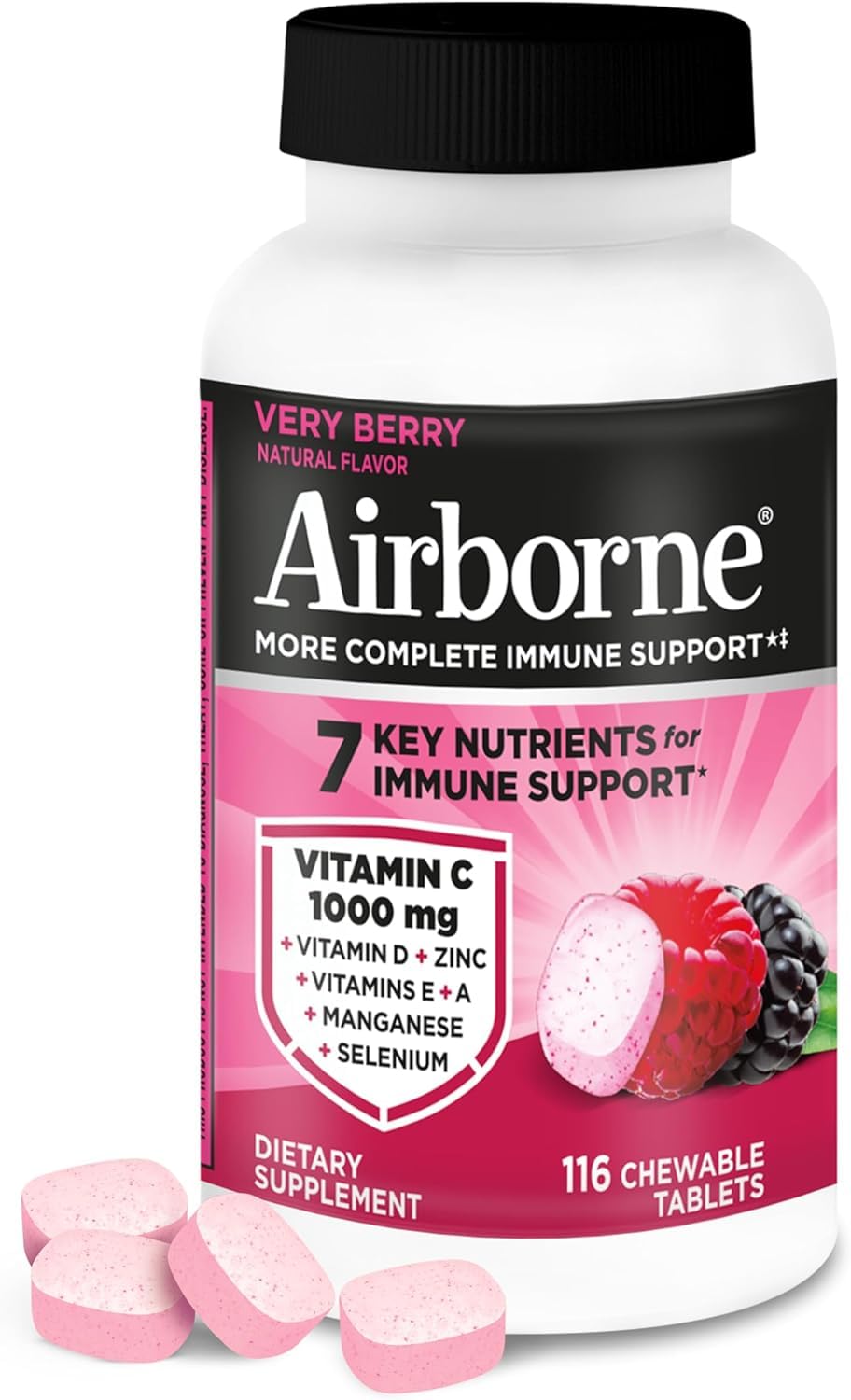 Airborne 1000mg Vitamin C + Zinc Immune Support Supplement Chewable Tablets Powerful Antioxidants Vitamins A C & E, 116 Chewable Tablets, Very Berry Flavor (2 Pack)