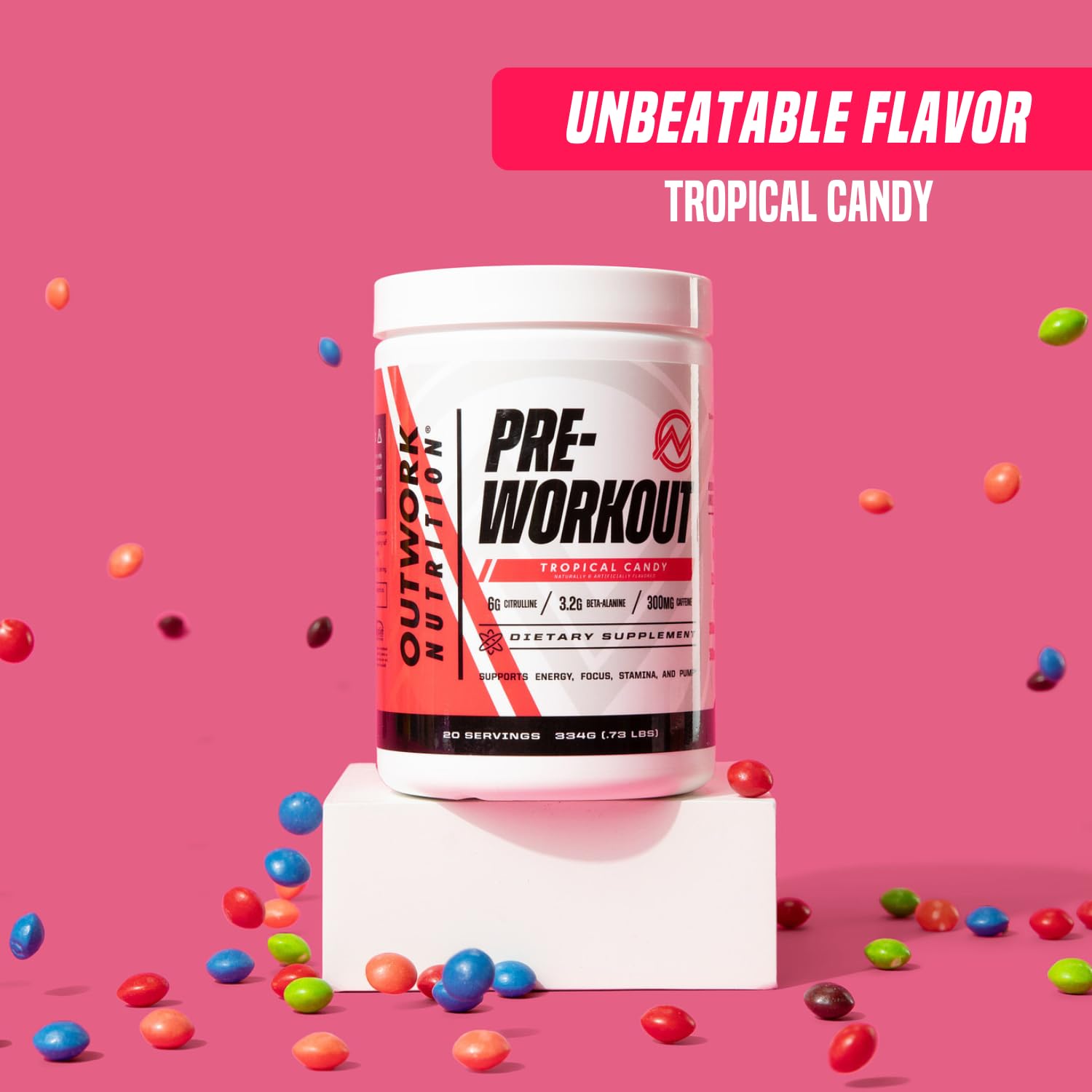 Outwork Nutrition Preworkout for Men & Women - Nootropic Pre Workout Without Creatine, Pre-Workout Powder with Taurine Rhodiola Citrulline Malate Beta Alanine Caffeine (Tropical Candy)