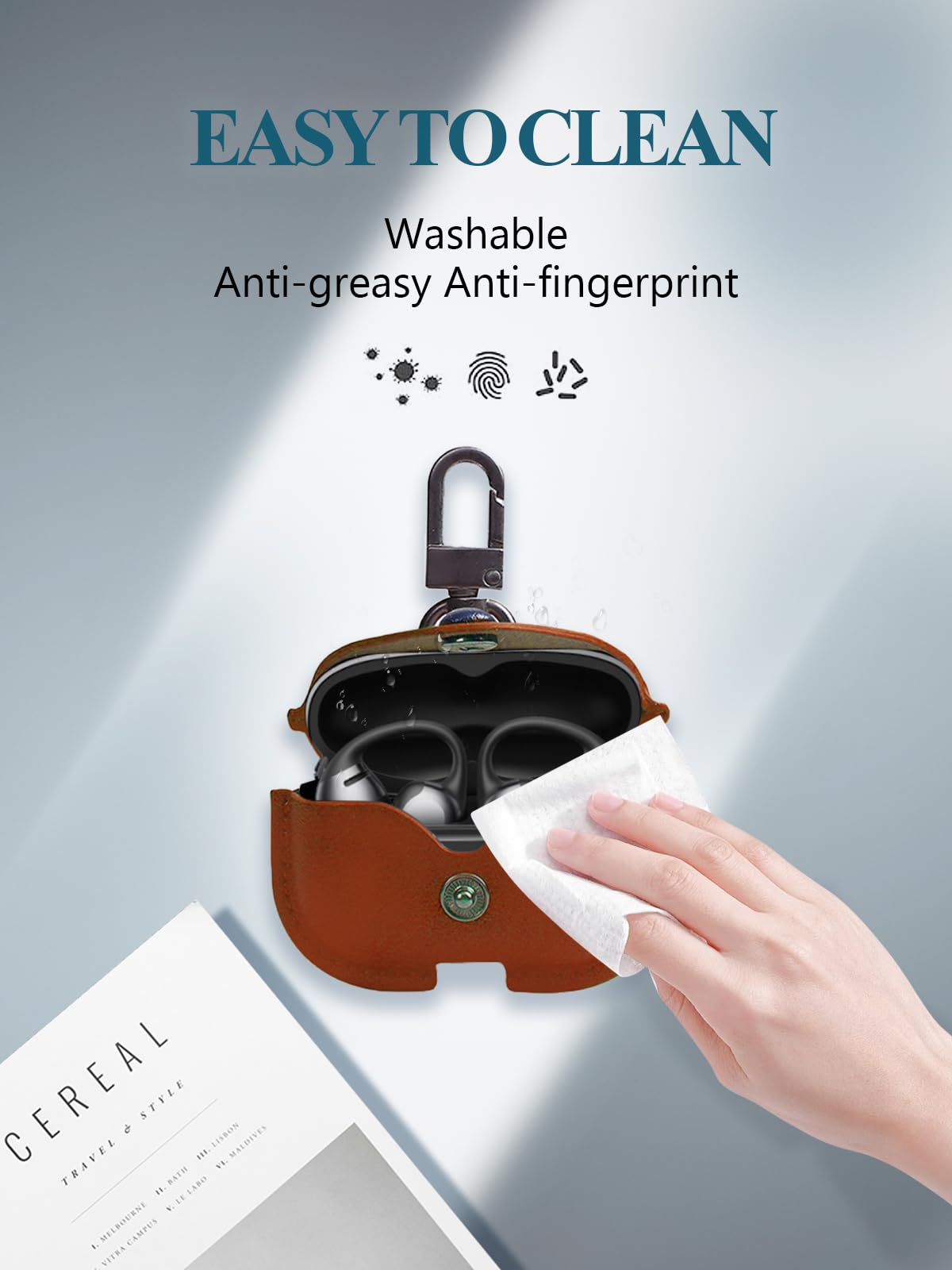 Case Cover for SHOKZ OpenDots ONE E310 Ear Clip Bluetooth Headset,WUNIAK Business Style Soft PU Leather Protective Case with Keychain and Cleaning Kit for Men and Women Shockproof Skin,Brown