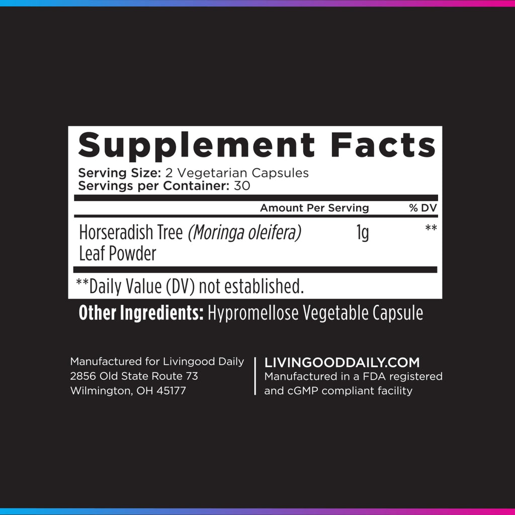 Livingood Daily Moringa Capsules, Moringa Supplement for Energy, Sleep, Satiety, Hair, Skin, Nails & Wellness, Plant Based Vegetarian, Gluten Free, Non GMO, Vegan, Daily Greens Superfood, 60 Capsules
