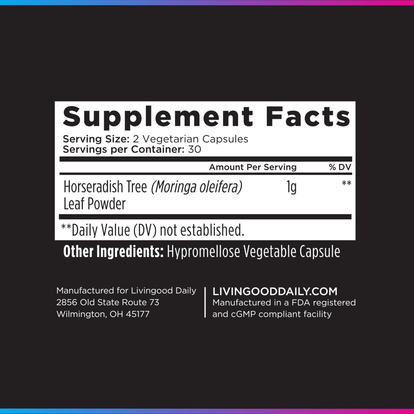 Livingood Daily Moringa Capsules, Moringa Supplement for Energy, Sleep, Satiety, Hair, Skin, Nails & Wellness, Plant Based Vegetarian, Gluten Free, Non GMO, Vegan, Daily Greens Superfood, 60 Capsules