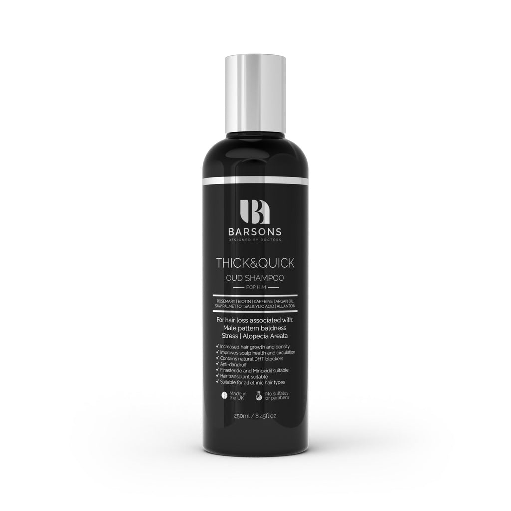 BARSONS THICK&QUICK Oud Shampoo for Men with Thinning Hair – Doctor-Formulated Hair Thickening Treatment – DHT Blocker – Hair Transplant Friendly – Rosemary, Biotin, Argan Oil, Caffeine – Sulfate-Free