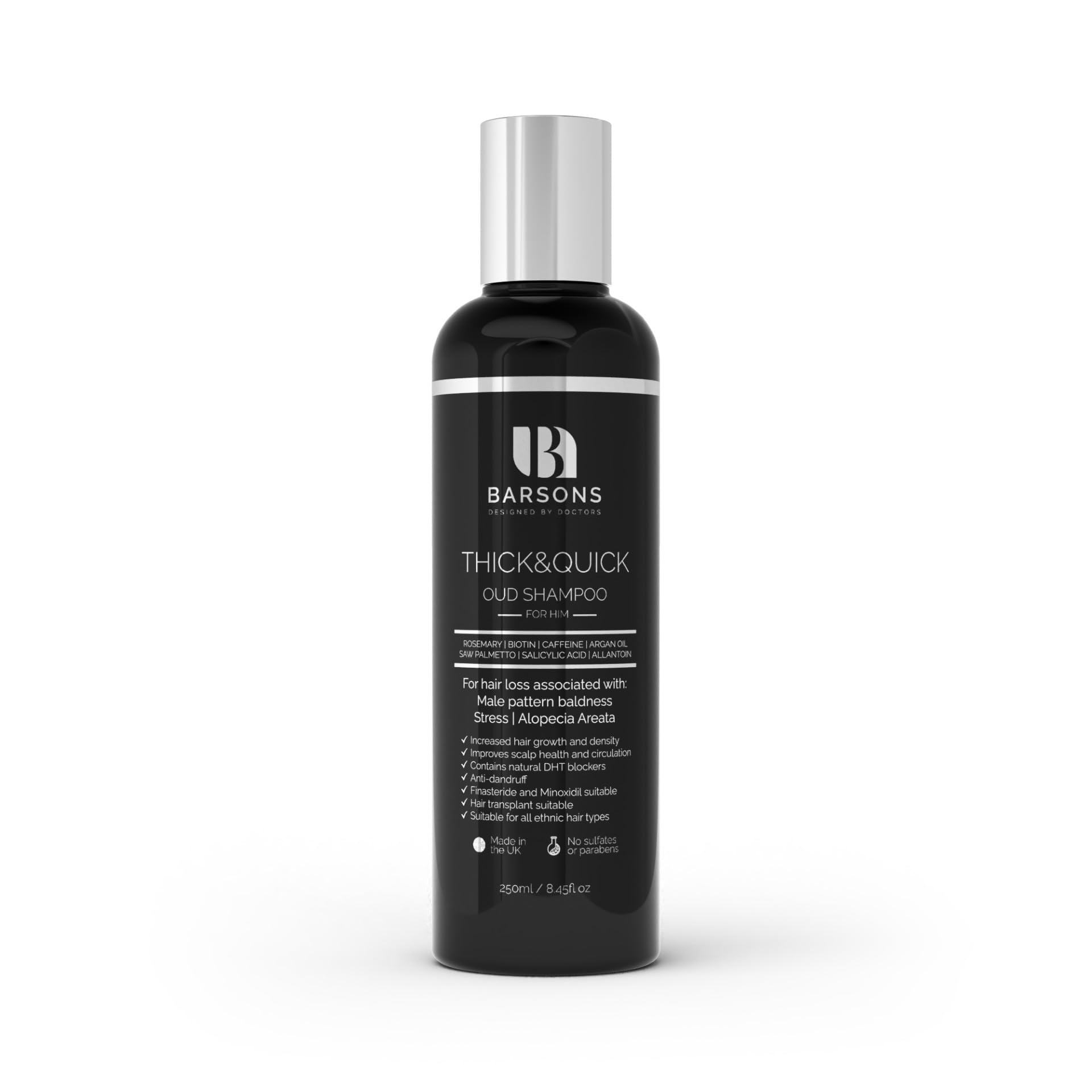 BARSONS THICK&QUICK Oud Shampoo for Men with Thinning Hair – Doctor-Formulated Hair Thickening Treatment – DHT Blocker – Hair Transplant Friendly – Rosemary, Biotin, Argan Oil, Caffeine – Sulfate-Free