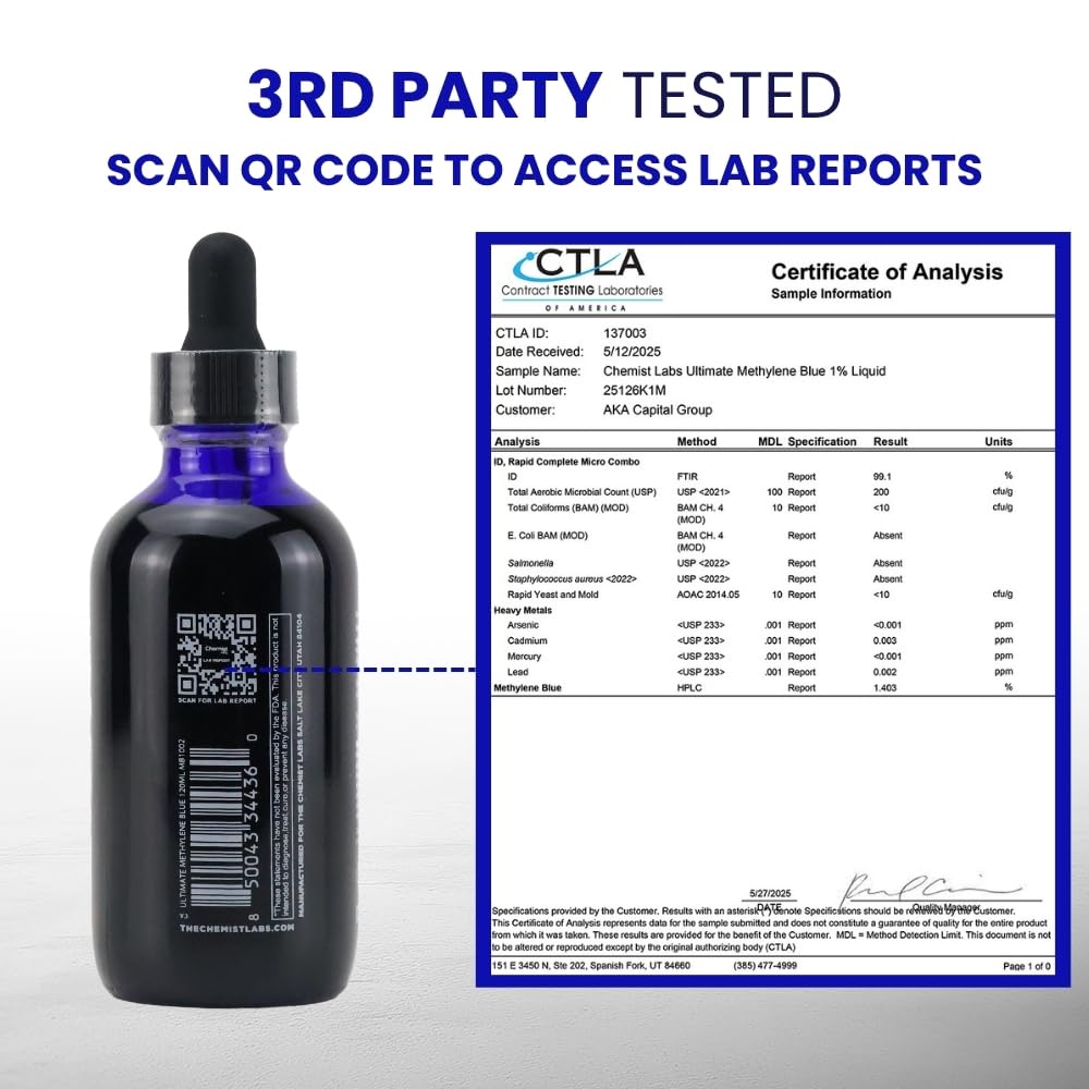 Chemist Labs Methylene Blue – 1% Solution | 99.99% USP-Grade Liquid Drops –Mitochondrial & Cellular Support – 4oz (120ml) – Formaldehyde-Free – Made in USA