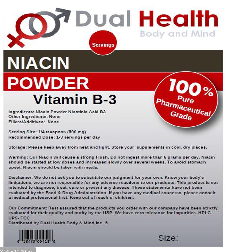 Niacin Powder (2 lbs) Vitamin B3 Bulk Supplement Immediate Release Niacin with Flush Nicotinic Acid Non-GMO, Vegan, Gluten Free Company Fast Absorption No GMOs, Fillers, Additives or Heavy Metals