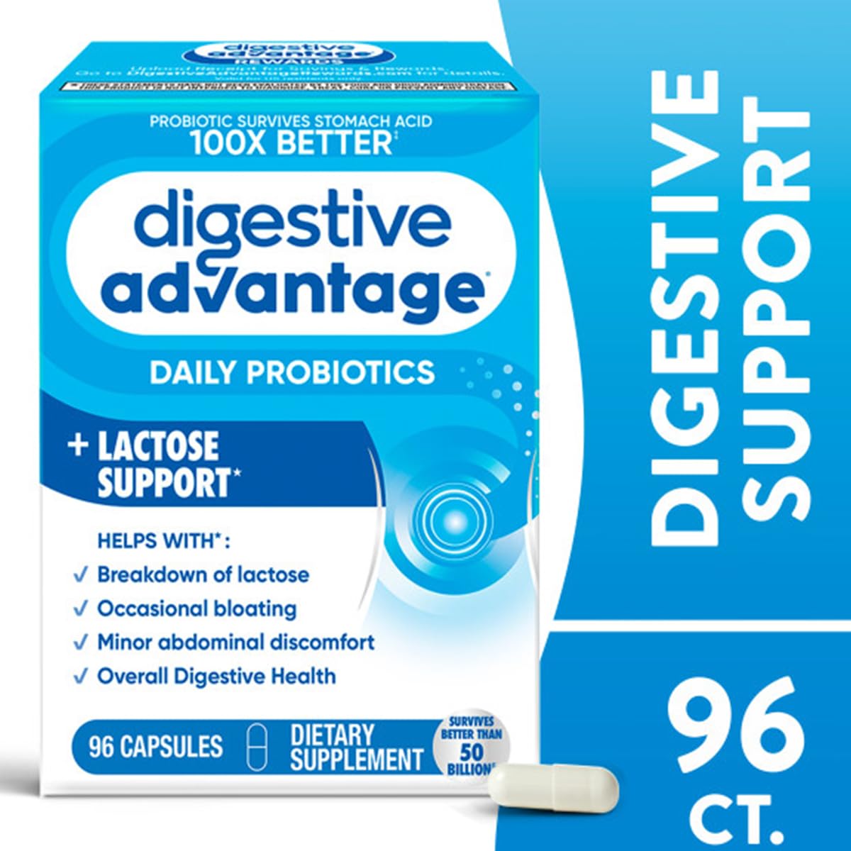 Digestive Advantage Lactose Defense Enzymes + Probiotics for Women & Men Occasional Bloating, Lactose Breakdown, Minor Abdominal Discomfort, Immune Support, 96 Count Capsules (2 Pack)