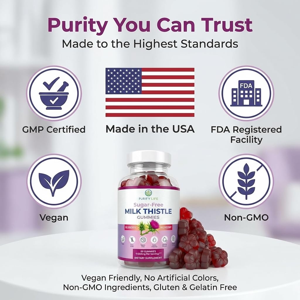 Sugar-Free Milk Thistle Gummies for Liver Cleanse Detox & Repair (Natural Blueberry-Raz Flavor) Cardo Mariano, Cleansing Milk Thistle Supplement, Antioxidant Support, Vegan, Replaces Pills & Capsules