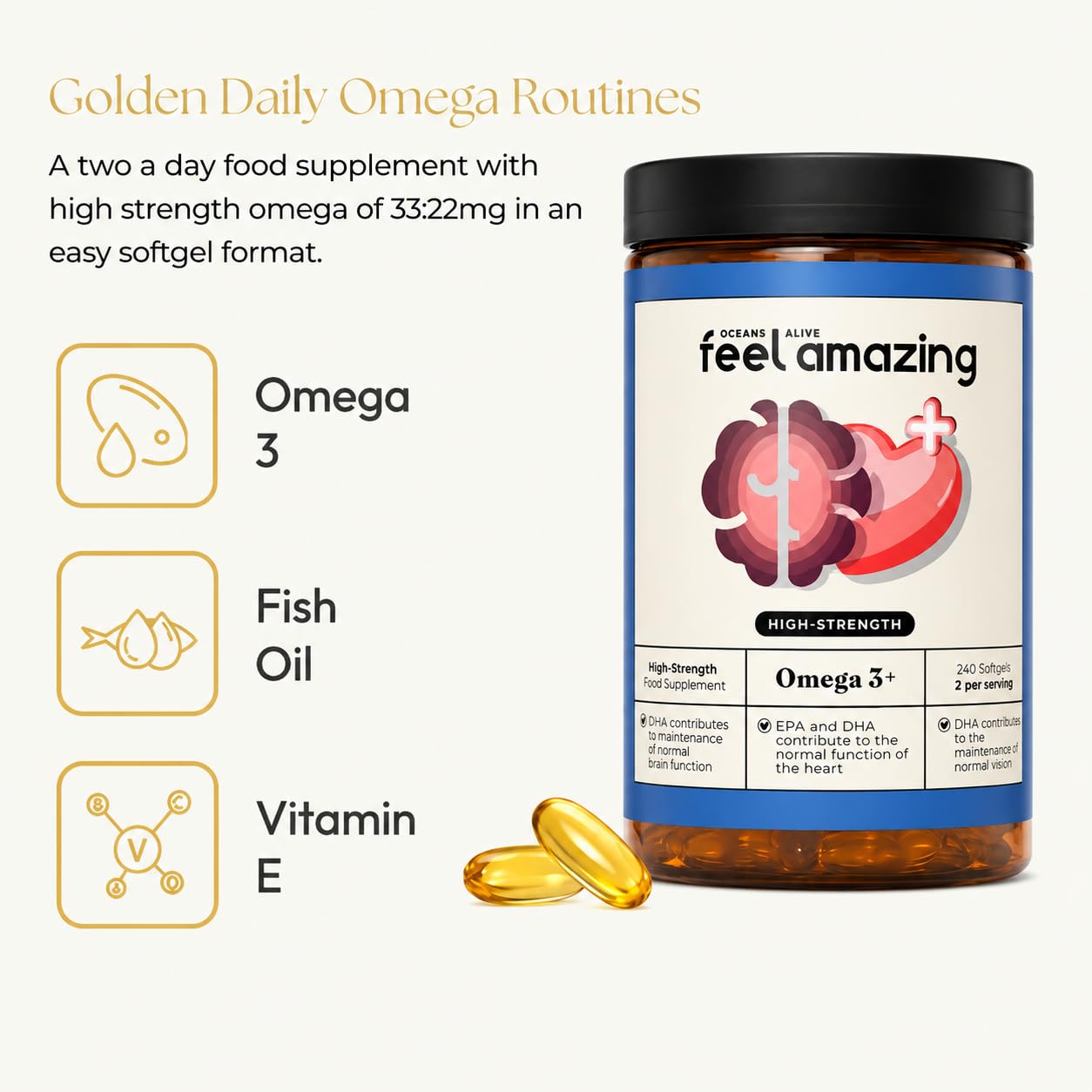 Feel Amazing Omega 3 Fish Oil 2000mg – 240 Capsules – 660mg EPA & 440mg DHA per Daily Serving – Supports Normal Heart Functional - 4 Month Supply