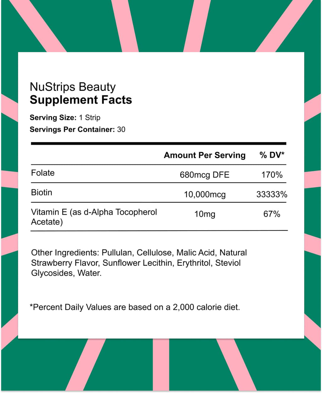 NuStrips™ Fast-Dissolving Beauty Strips with Biotin, Folate & Vitamin E – Hair, Skin & Nails Supplement – Supports Hair Growth & Reduces Hair Fall – Non-GMO, Vegan – Delicious Strawberry (30 Strips)