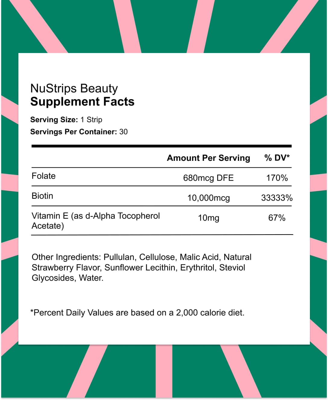 NuStrips™ Fast-Dissolving Beauty Strips with Biotin, Folate & Vitamin E – Hair, Skin & Nails Supplement – Supports Hair Growth & Reduces Hair Fall – Non-GMO, Vegan – Delicious Strawberry (30 Strips)