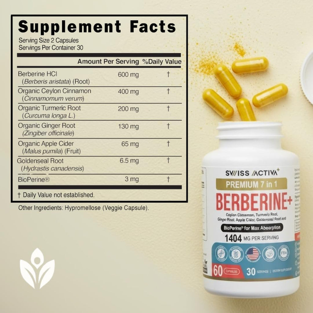 Swiss Activa+ Labs Organic Berberine 7-in-1 Supplement with Bioperine | Ceylon Cinnamon | Turmeric Root | Ginger Root | Apple Cider Vinegar | Metabolic & Digestive Support | 30-Days Supply