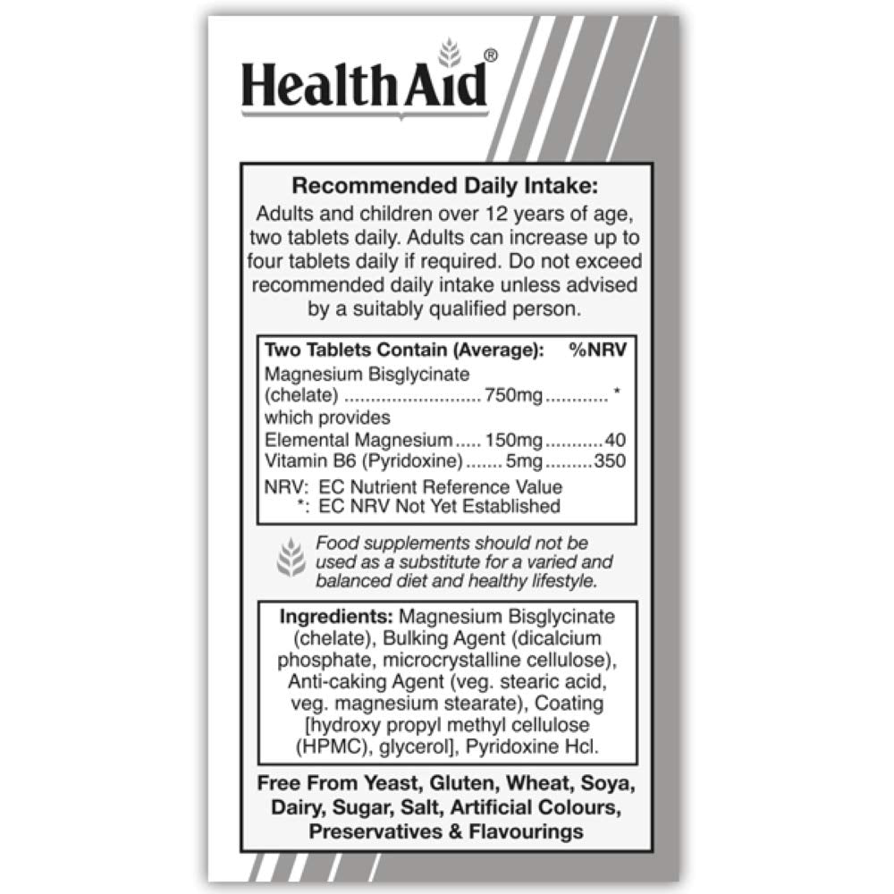 HealthAid Magnesium Bisglycinate - 750mg Chelated Magnesium and 150mg of Elemental - Muscle and Sleep Support - Gentle on Stomach - 60 VeganTablets