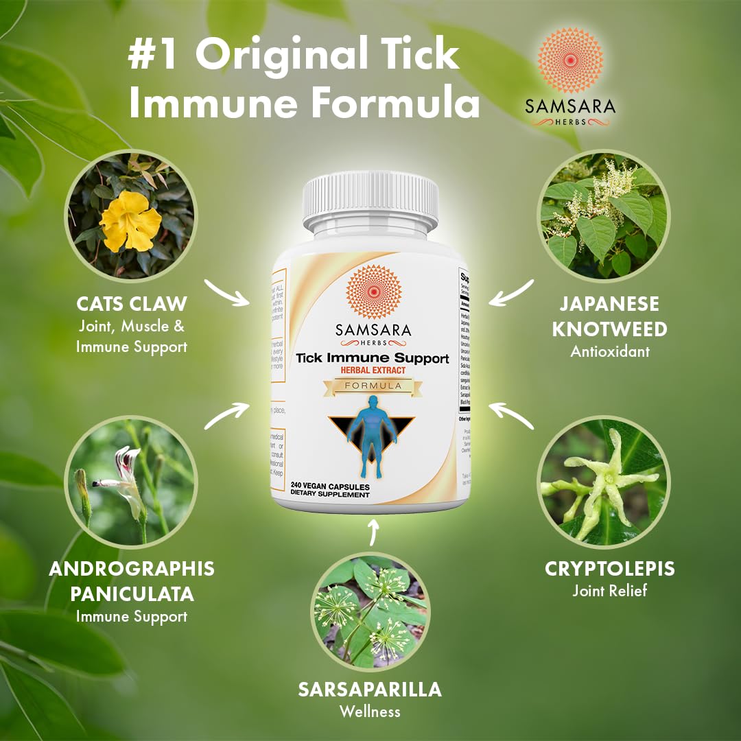 Samsara Herbs Tick Immune Support - Japanese Knotweed, Cats claw, Andrographis, Cryptolepis, Sarsaparilla, Resveratrol, Tick Bite Support 240 Capsules