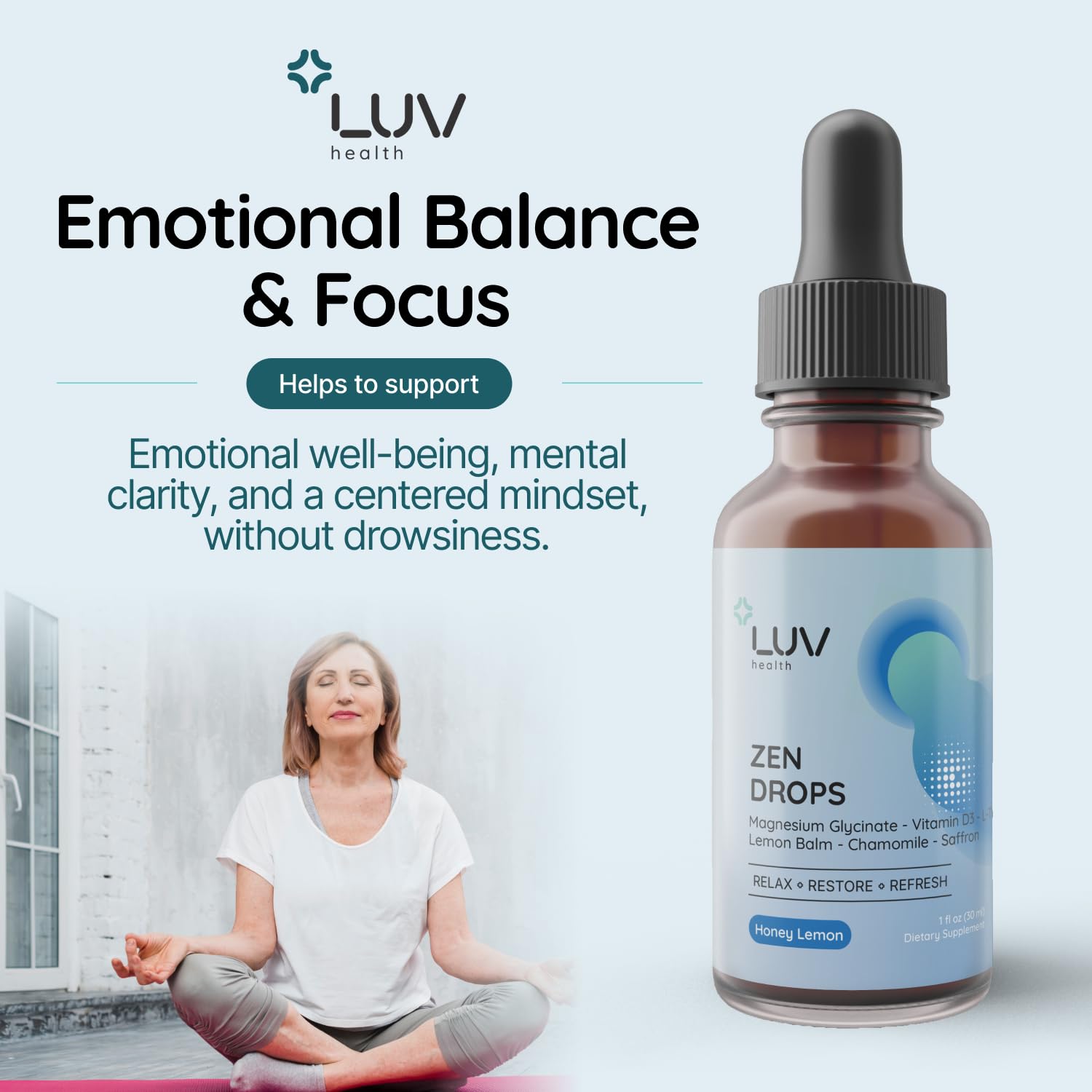 LUV Zen Drops: Anxiety and Stress Support Drops with Magnesium Glycinate, Vitamin D3, Lemon Balm, Chamomile, Saffron, L-Theanine. Keto, Vegan, USA Made, Non-GMO, 30 Servings (1)