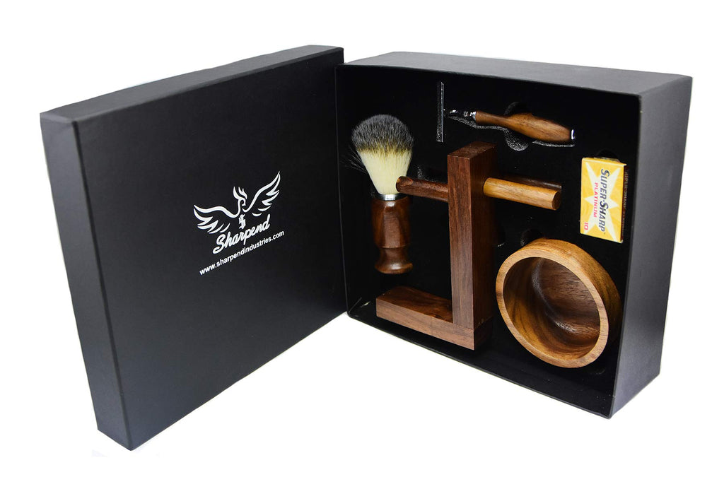 Safety Razor Shaving Kit, Double Edge Razor Blades,Hair shaving Brush wood Handle, Wood Shaving Bowl And Shaving Stand Kit, Wet Shave Grooming Set for Men Best shaving set Gift For Gentleman