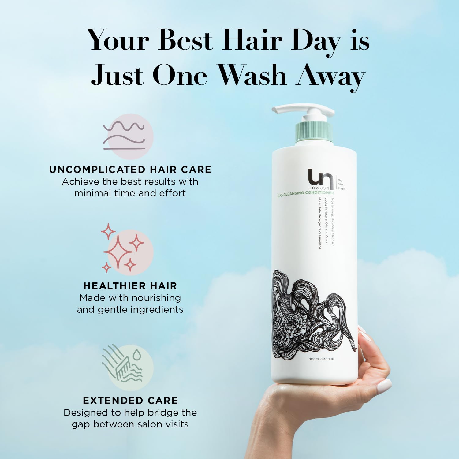 Unwash Bio-Cleansing Conditioner - Gentle, Hydrating Co-Wash Cleansing Conditioner, Sulfate & Paraben Free, for Curly, Coily & Dry Hair, 33.8 fl oz