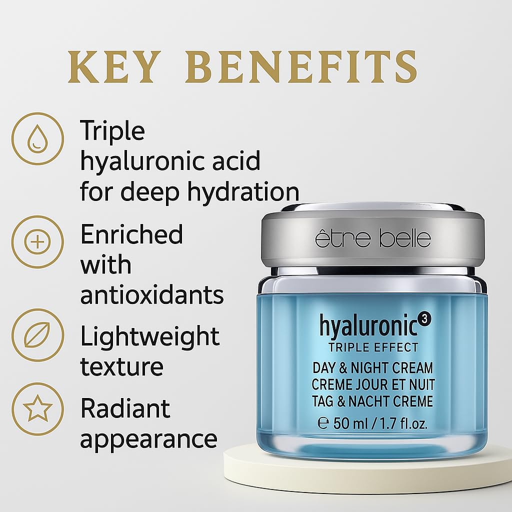 êb être belle Hyaluronic Acid 3D Cream for Day & Night, Jojoba Oil & Grape Seed Oil, Skin Care for Women, Long Lasting Hydrating Face Cream, for All Skin Types, 50 mL