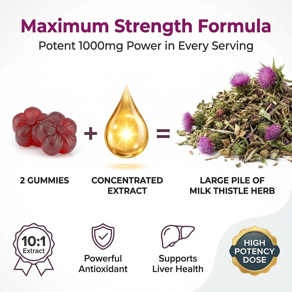 Sugar-Free Milk Thistle Gummies for Liver Cleanse Detox & Repair (Natural Blueberry-Raz Flavor) Cardo Mariano, Cleansing Milk Thistle Supplement, Antioxidant Support, Vegan, Replaces Pills & Capsules