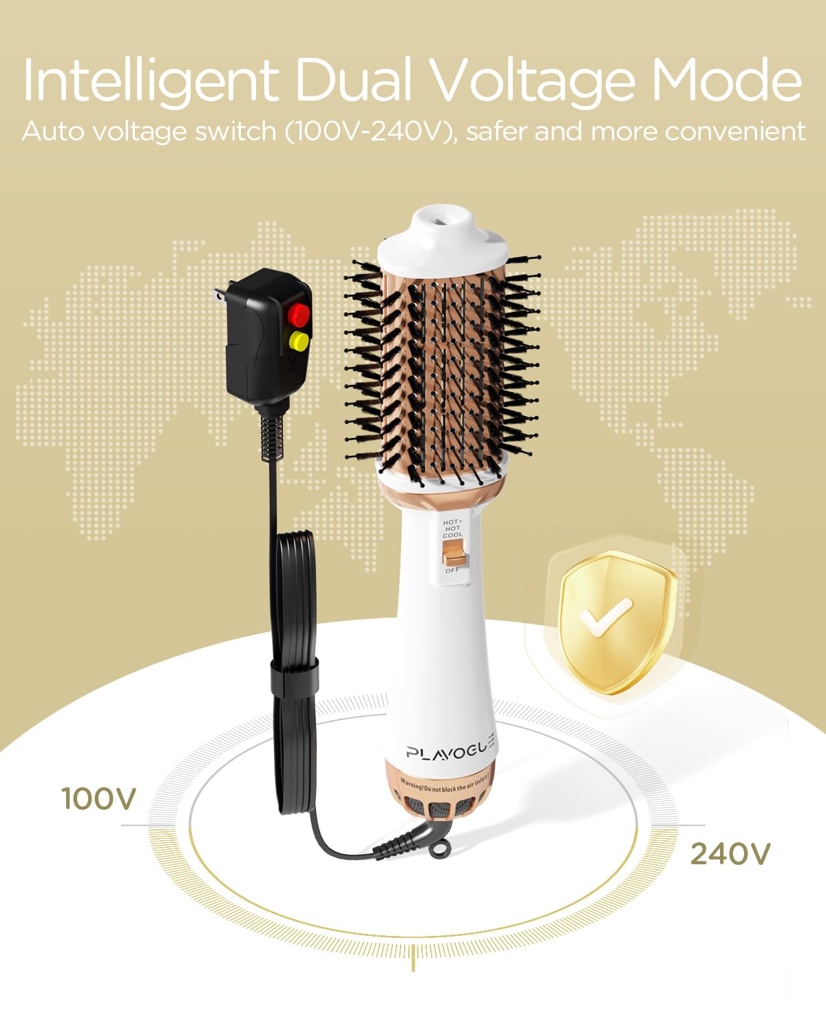 Plavogue Dual Voltage Blow Dryer Brush for European Travel,110V-240V Hot Air Brush with Volumizer, Negative Ionic Anti-Frizz - Styling Brush with Ceramic Coating for Long/Mid Hair Types, Oval Shape