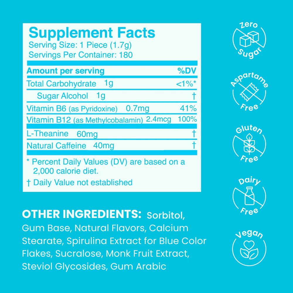 NeuroGum Energy Caffeine Gum (180 Pieces) - Sugar Free with L-theanine + Natural Caffeine + Vitamin B12 & B6 - Nootropic Energy & Focus Supplement for Women & Men - Keto & Vegan, Peppermint Flavor