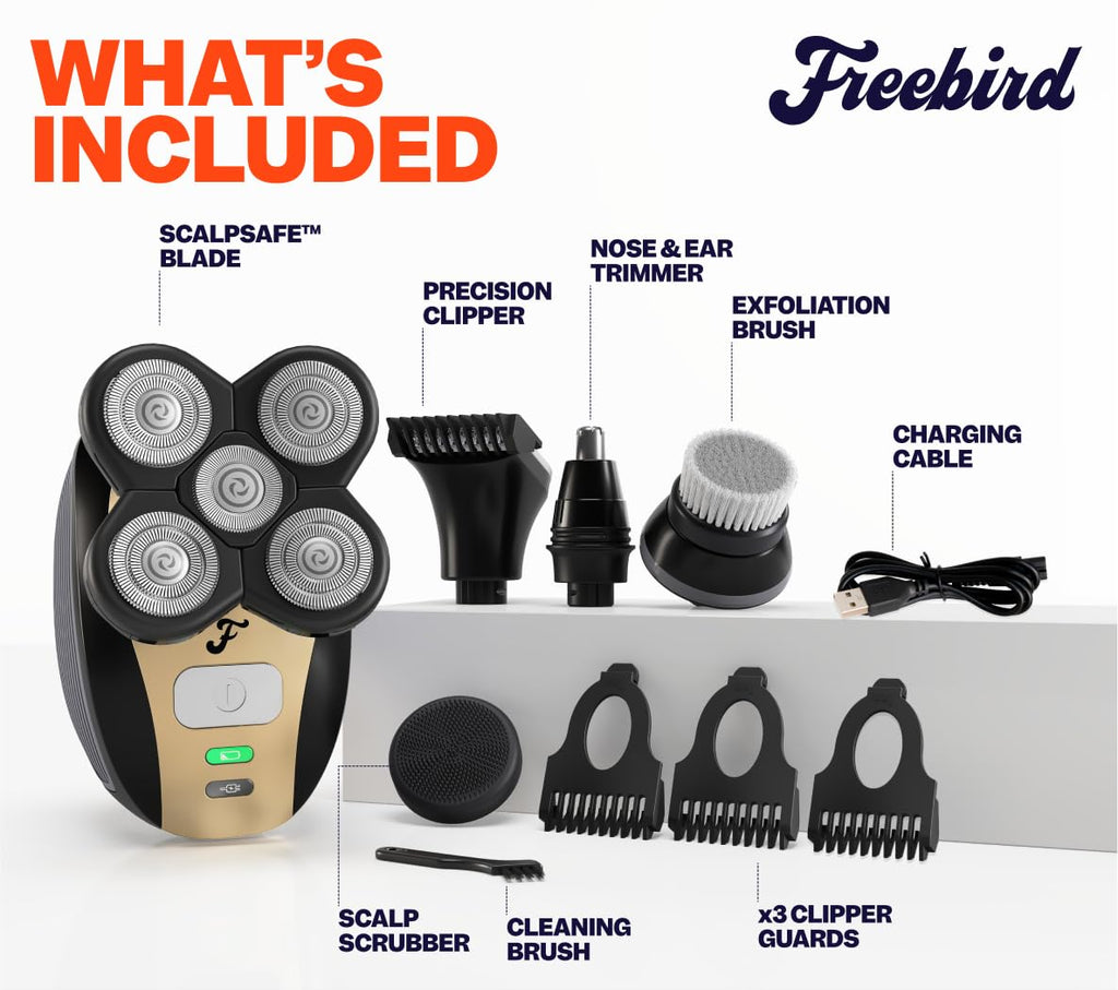 Freebird FlexSeries Electric Head & Body Hair Shaver - Mens Cordless Rechargeable Wet/Dry Skull Bald Head Back & Groin Waterproof Razor with Rotary Blades, Clippers, Nose Trimmer, Brush, Massager