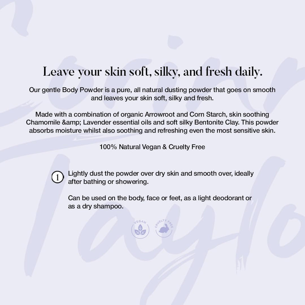 Corinne Taylor Organic Talc-Free Body Powder with Lavender & Chamomile – Natural Dusting Powder for Anti-Sweat, Anti-Chafing & Sensitive Skin – Gentle Absorbent Powder 85g