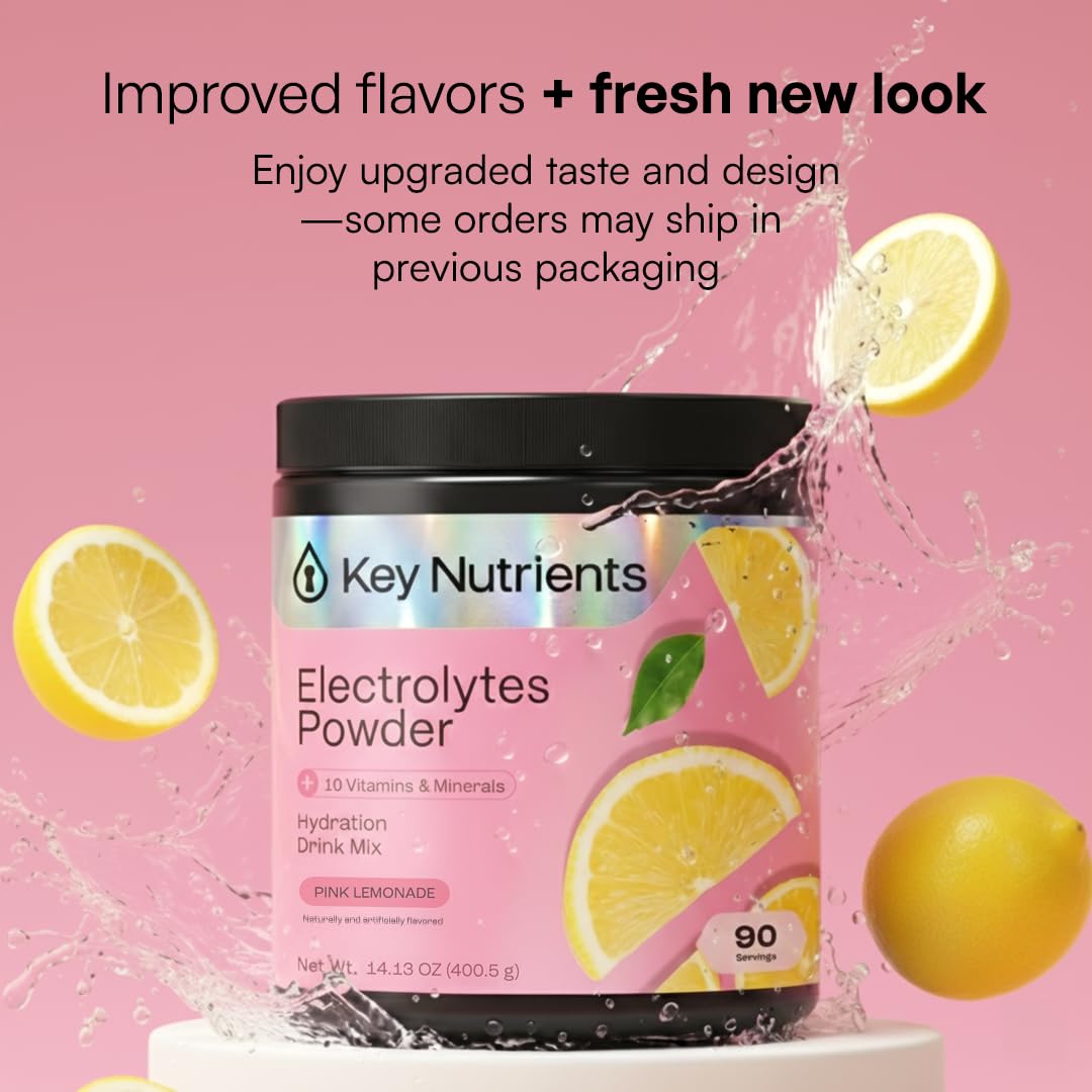 KEY NUTRIENTS Selenium Multivitamin Electrolytes Powder No Sugar - Fresh Pink Lemonade Electrolyte Powder - Endurance & Energy Supplement - Hydration Powder - No Calories - 90 Servings - Made in USA
