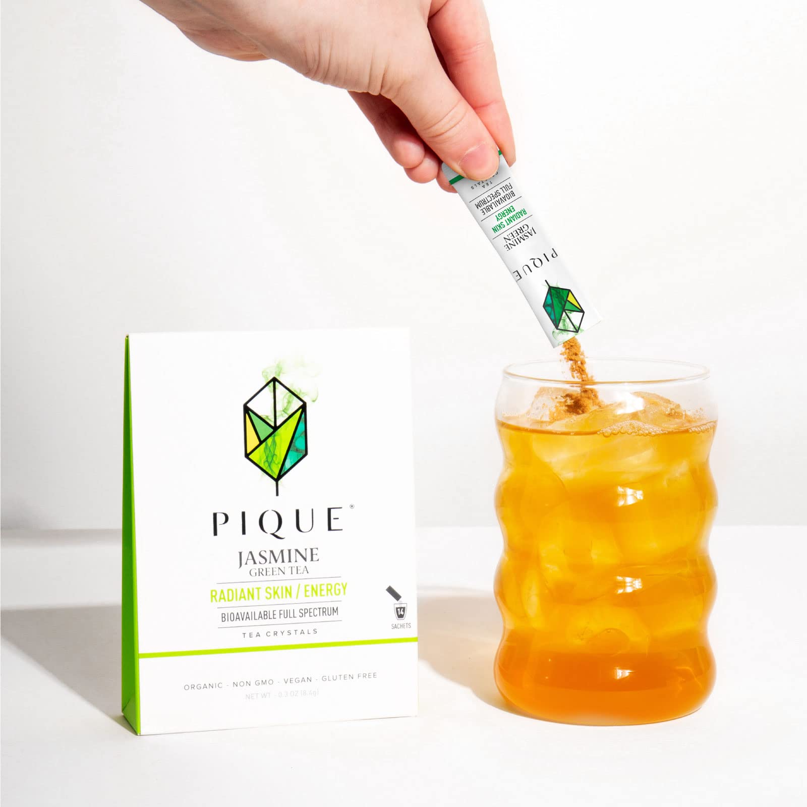 Pique Organic Jasmine Green Tea Crystals - Vitalizing Antioxidants for Immune Support, Radiant Skin, Calm Energy, Fresh Aroma Jasmine Petals - 14 Single Serve Sticks (Pack of 1)