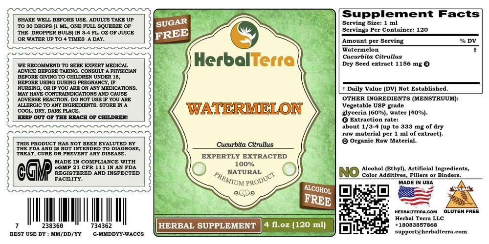 Watermelon (Cucurbita Citrullus) Glycerite, Dried Seeds Alcohol-Free Liquid Extract (Brand Name: HerbalTerra, Proudly Made in USA) 4 fl.oz (120 ml)