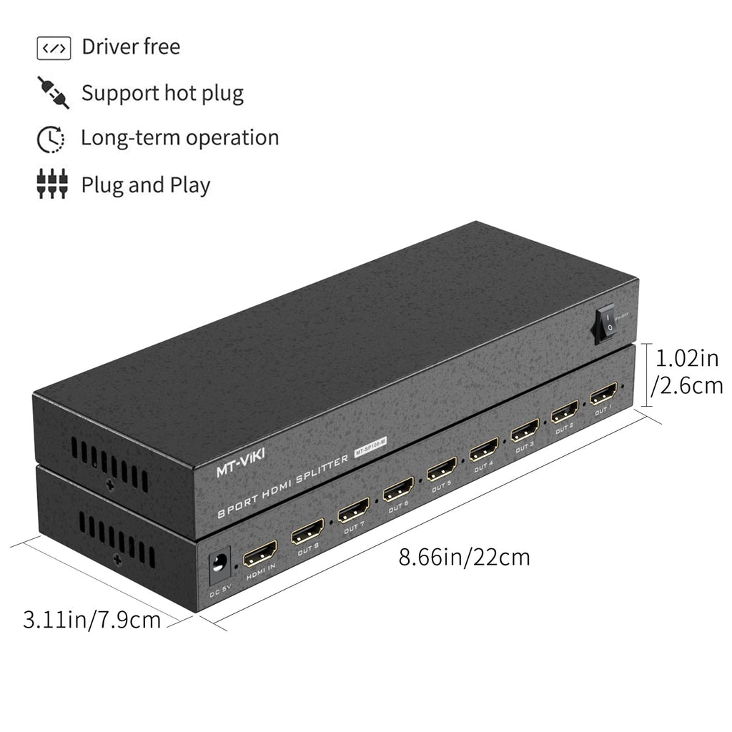 4K HDMI Splitter 1 in 8 out, 1 to 8 Distributor MT-VIKI 8 Way 1x8 For 8 Monitor HDTV CCTV 3D Supports EDID HDCP +UK Power Supply