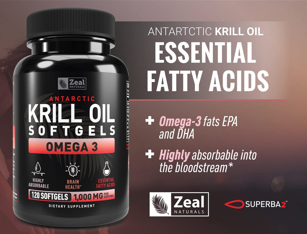 Antarctic Krill Oil 1000mg (120 Softgels) Omega 3 Fish Oil Supplement with EPA, DHA & Astaxanthin - for Joint, Brain, and, Heart Support for Men and Women