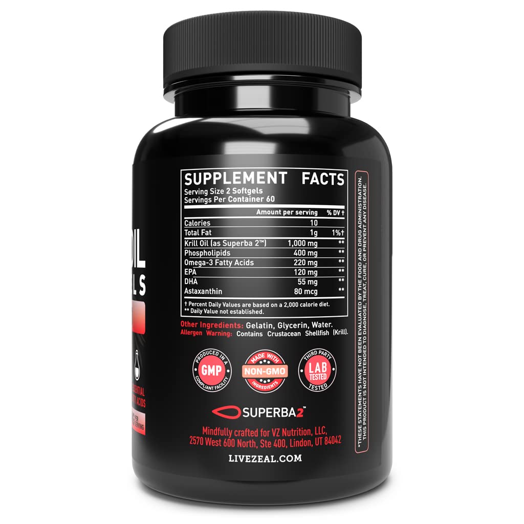 Antarctic Krill Oil 1000mg (120 Softgels) Omega 3 Fish Oil Supplement with EPA, DHA & Astaxanthin - for Joint, Brain, and, Heart Support for Men and Women