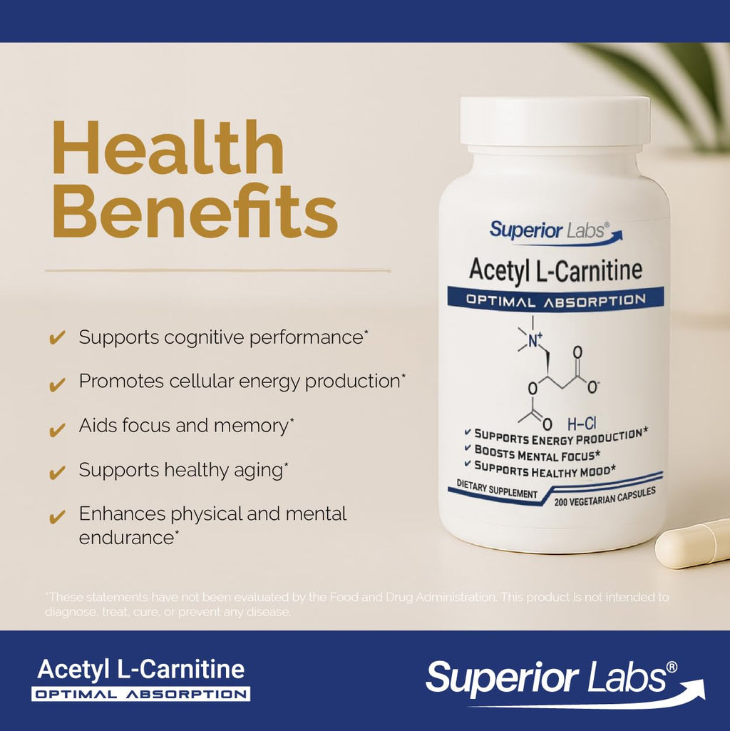 Superior Labs Acetyl L-Carnitine 500 mg, High Potency ALCAR, Pure Non-GMO, Zero Synthetic Additives, Maximum Absorption, Energy & Fat Metabolism, Brain, Nerve & Cellular Detox Support, (200 Veg Caps)