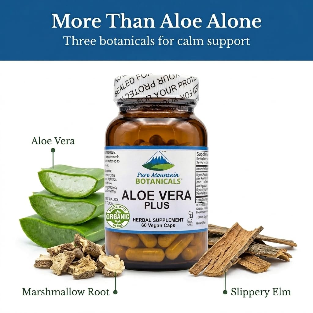 Pure Mountain Botanicals Aloe Vera Capsules - Organic Aloe Vera with Acemannan - Marshmallow Root - Slippery Elm - 60 Count - Vegan - Kosher - Non-GMO