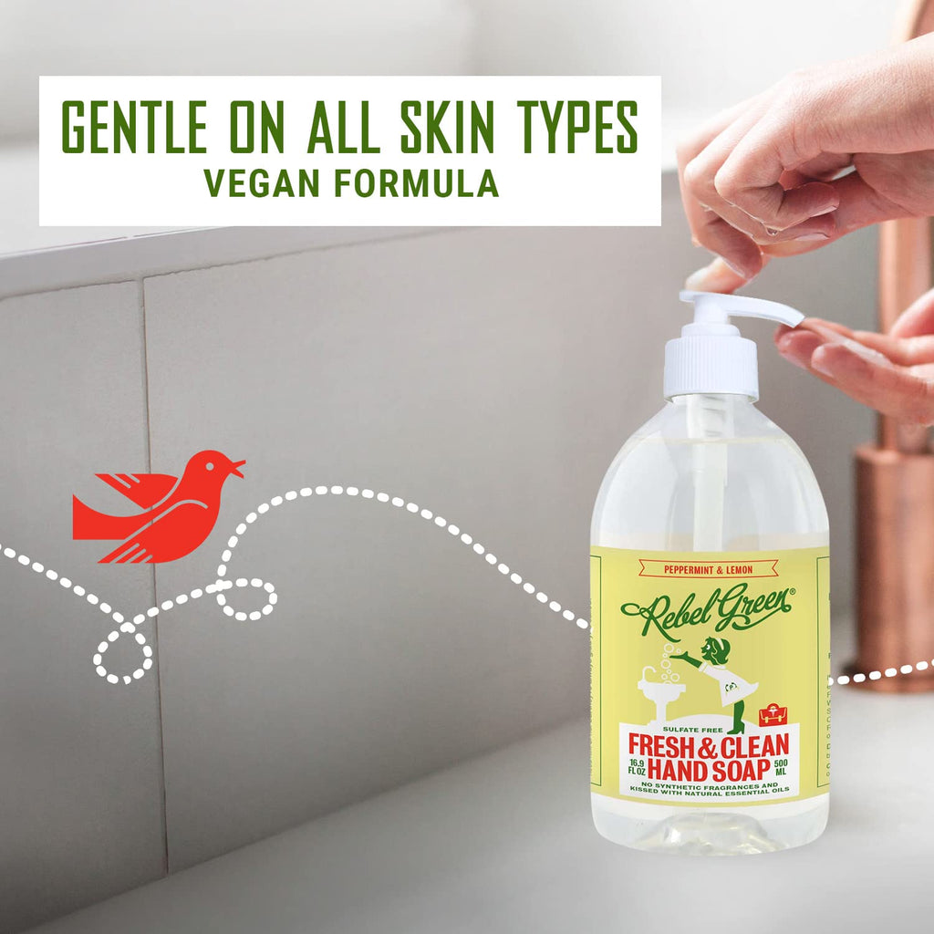 Rebel Green Liquid Hand Soap - Moisturizing Natural Bathroom & Kitchen Liquid Soap - Gentle Household Hand Wash (Peppermint and Lemon, 16.90 Fl Oz (Pack of 4))