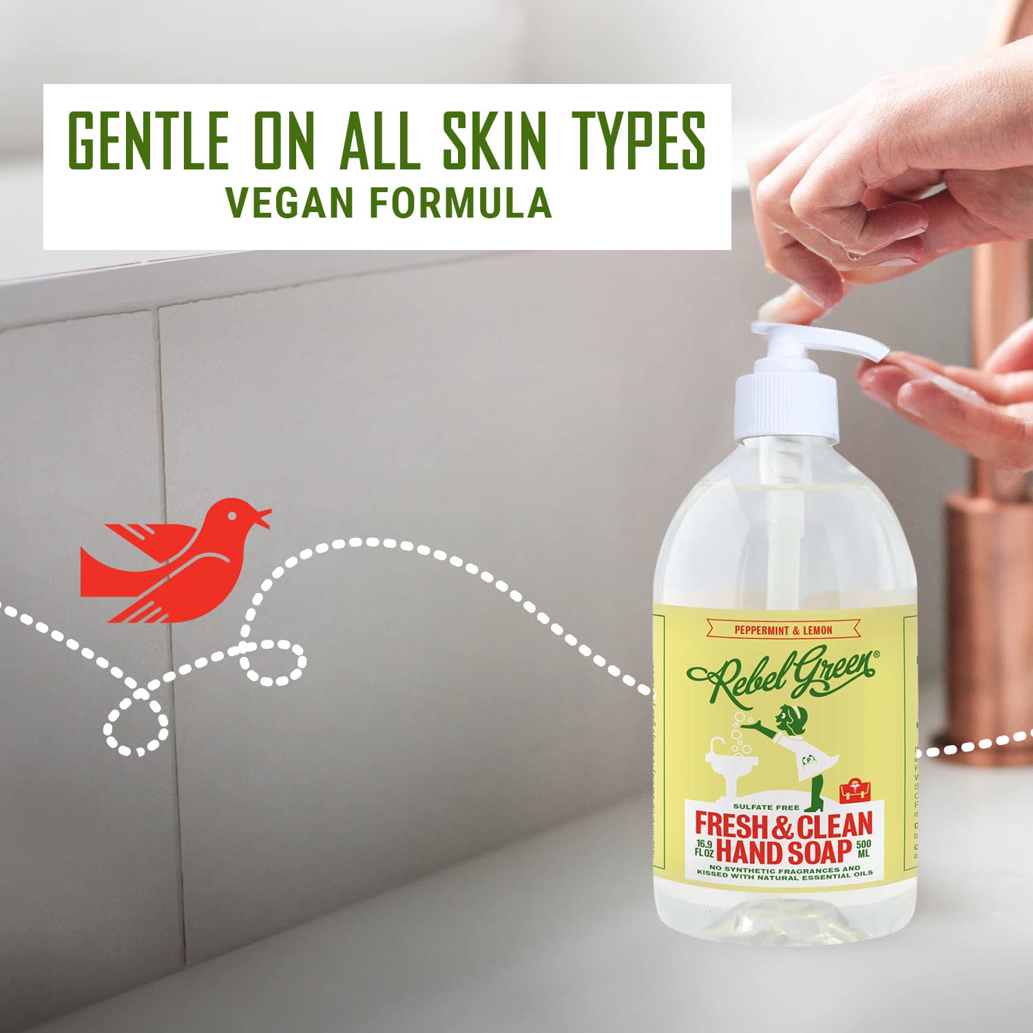 Rebel Green Liquid Hand Soap - Moisturizing Natural Bathroom & Kitchen Liquid Soap - Gentle Household Hand Wash (Peppermint and Lemon, 16.90 Fl Oz (Pack of 4))