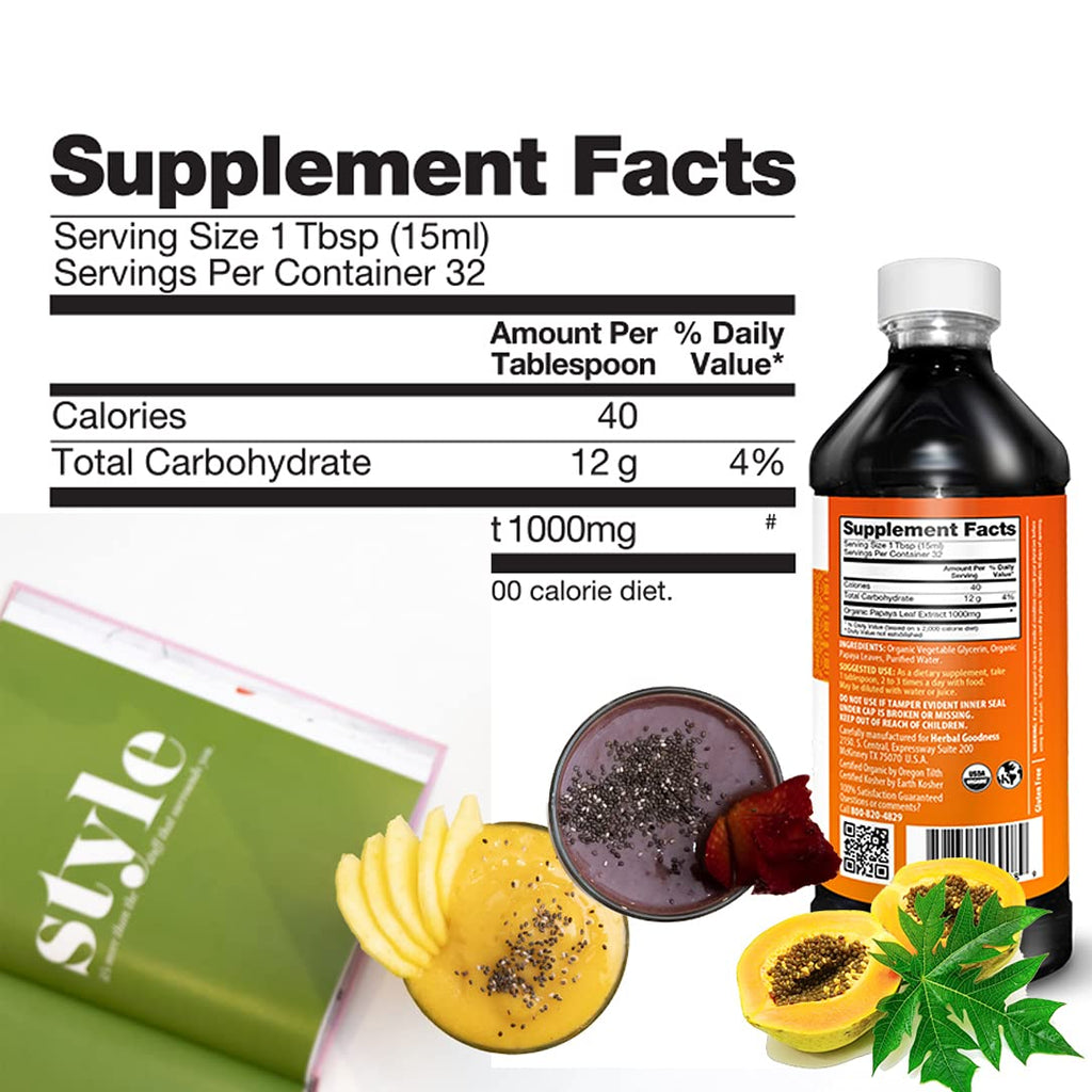 Herbal Goodness Papaya Leaf Extract Platelet Support - 15X Blood Platelet Boost, Bone Marrow & Spleen Support, Immune & Gut Health, Digestive Enzyme - Organic Kosher 16 oz Liquid Extract