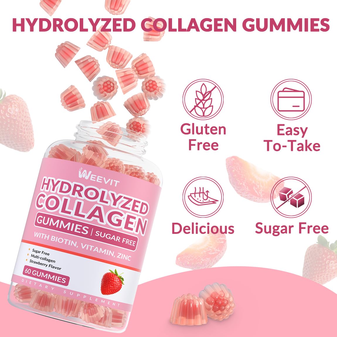 Collagen Gummies for Women, Hydrolyzed Collagen Peptides Gummies with Biotin, Collagen Supplements Gummy with Vitamin B12, C, D, Zinc for Hair Skin Nail