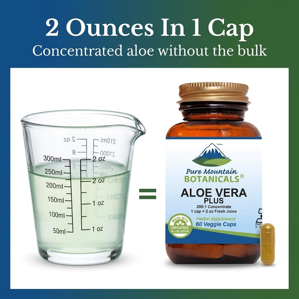Pure Mountain Botanicals Aloe Vera Capsules - Organic Aloe Vera with Acemannan - Marshmallow Root - Slippery Elm - 60 Count - Vegan - Kosher - Non-GMO
