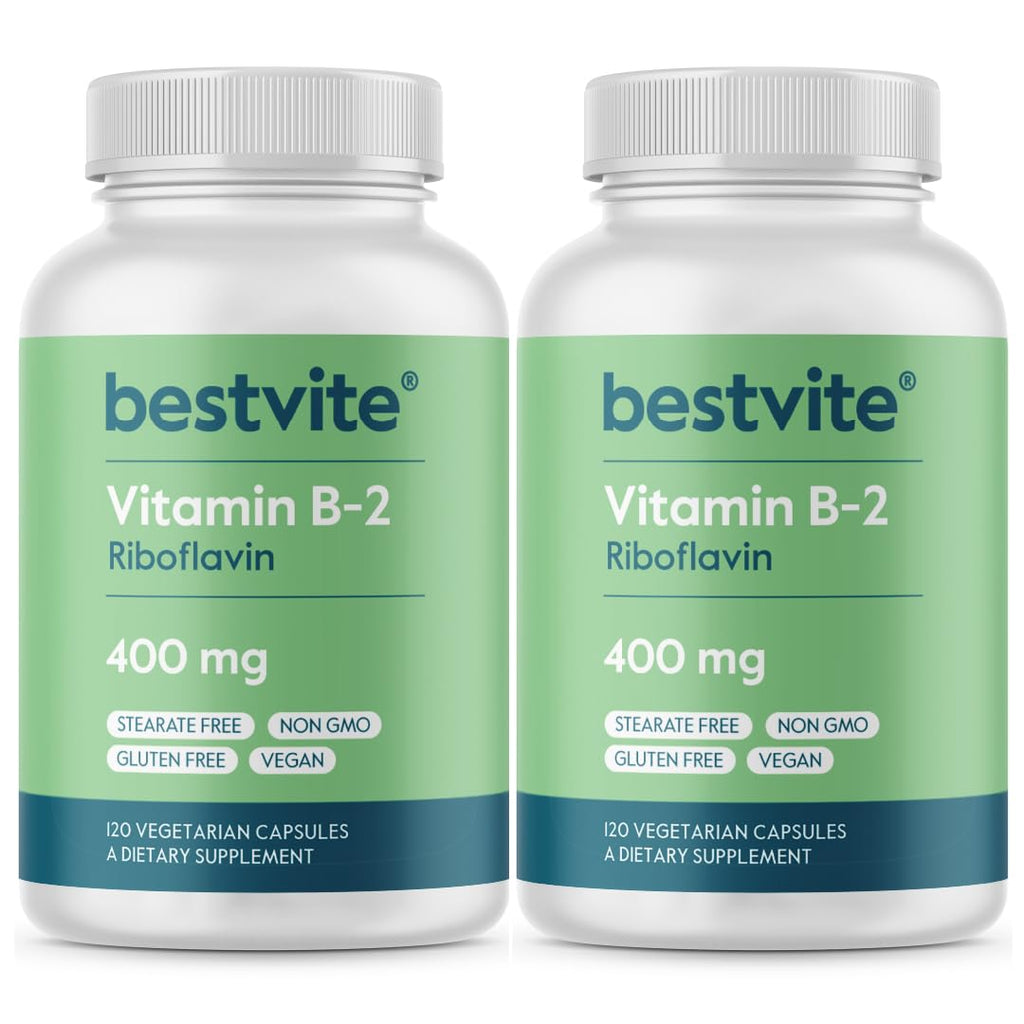 BESTVITE Vitamin B-2 (Riboflavin) 400mg (240 Vegetarian Capsules) (120 x 2) - High Potency – Energy, Skin & Cellular Health – Healthy Nervous System Support – Vegan – Gluten Free - No Stearates