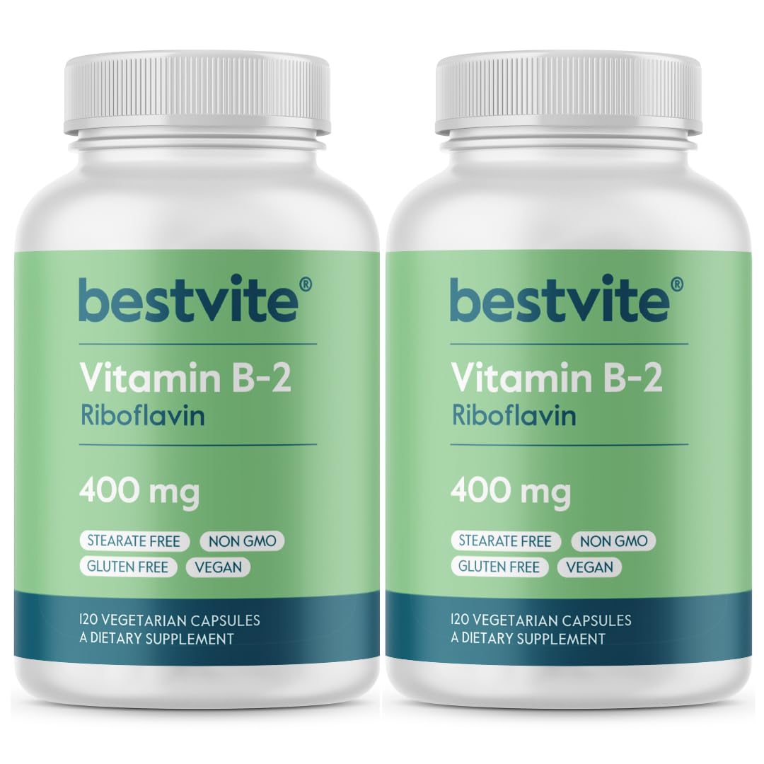 BESTVITE Vitamin B-2 (Riboflavin) 400mg (240 Vegetarian Capsules) (120 x 2) - High Potency – Energy, Skin & Cellular Health – Healthy Nervous System Support – Vegan – Gluten Free - No Stearates