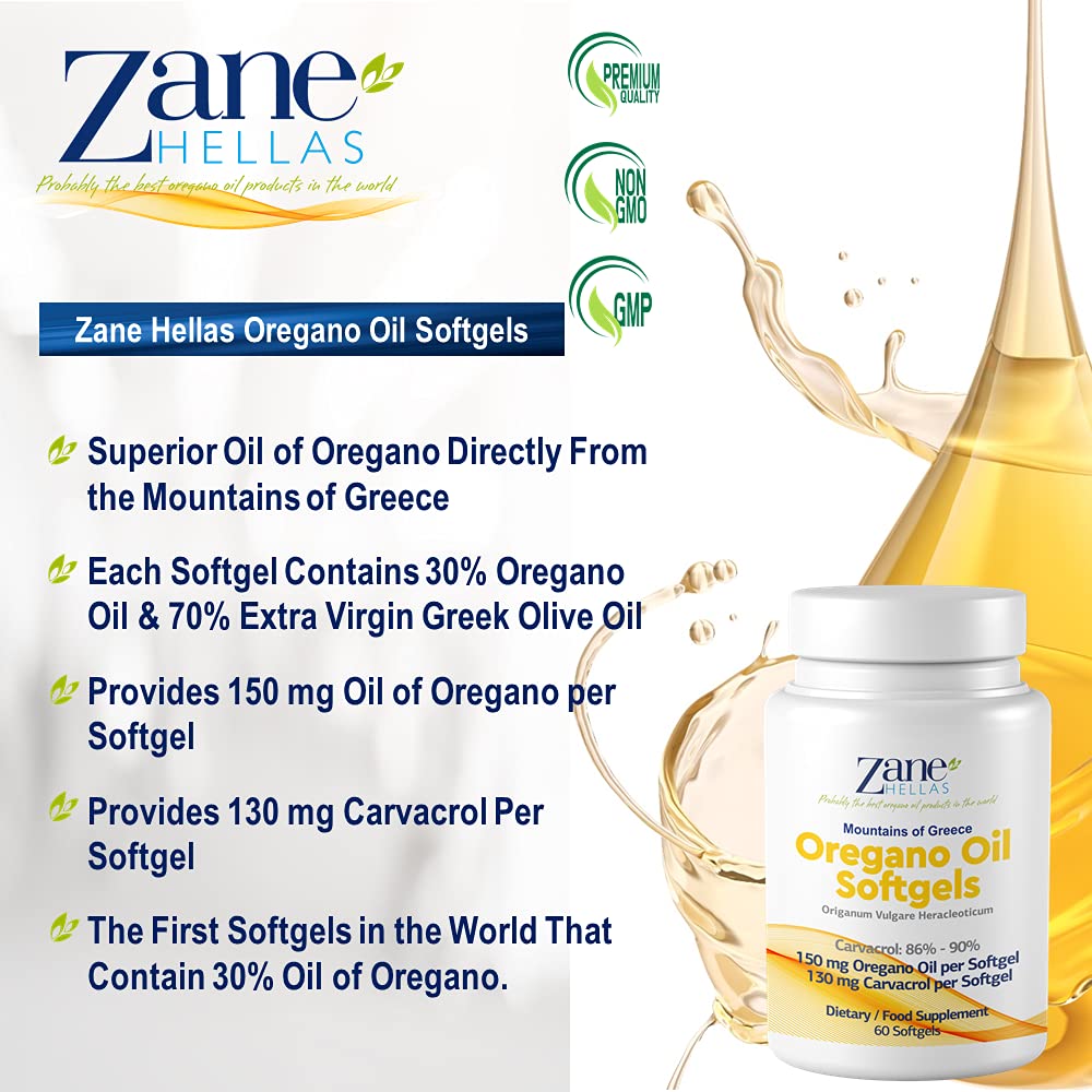 Zane Oregano Oil Softgels, 30% Oregano Oil, 130mg Carvacrol, 60 Softgels