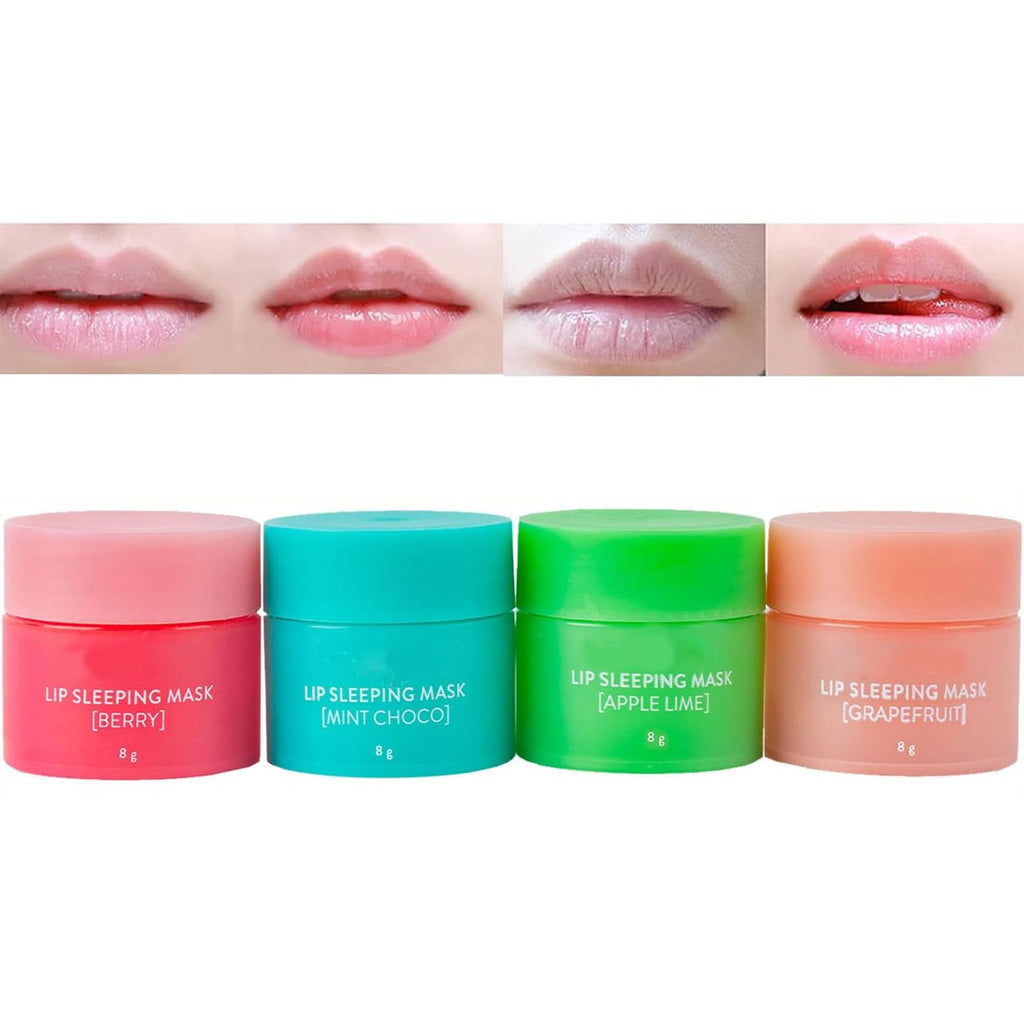 4-Pack Lip Sleeping Mask & Lip Balm Set - Fruit Moisturizing, Hydrating Lip Balm for Dry & Chapped Lips, Repairs & Protects - Women & Teenage Girls Gift, 8g x 4