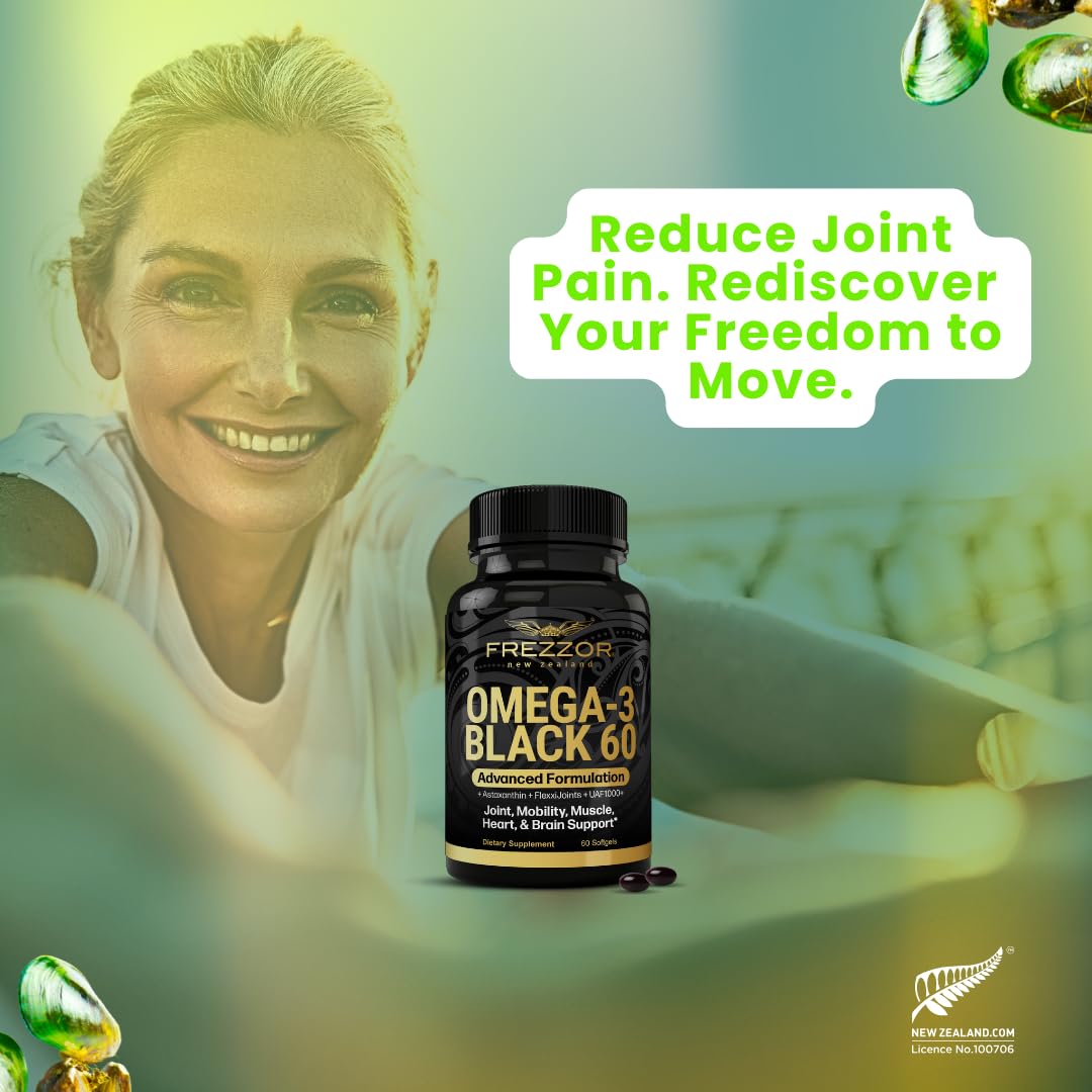 FREZZOR Omega 3 Black for Joint Care & Comfort - New Zealand Green Lipped Mussel Oil Capsules; 53x Higher Potency with UAF1000+ Super Antioxidant, No Fishy Aftertaste, 1-Pack, 60 Softgels