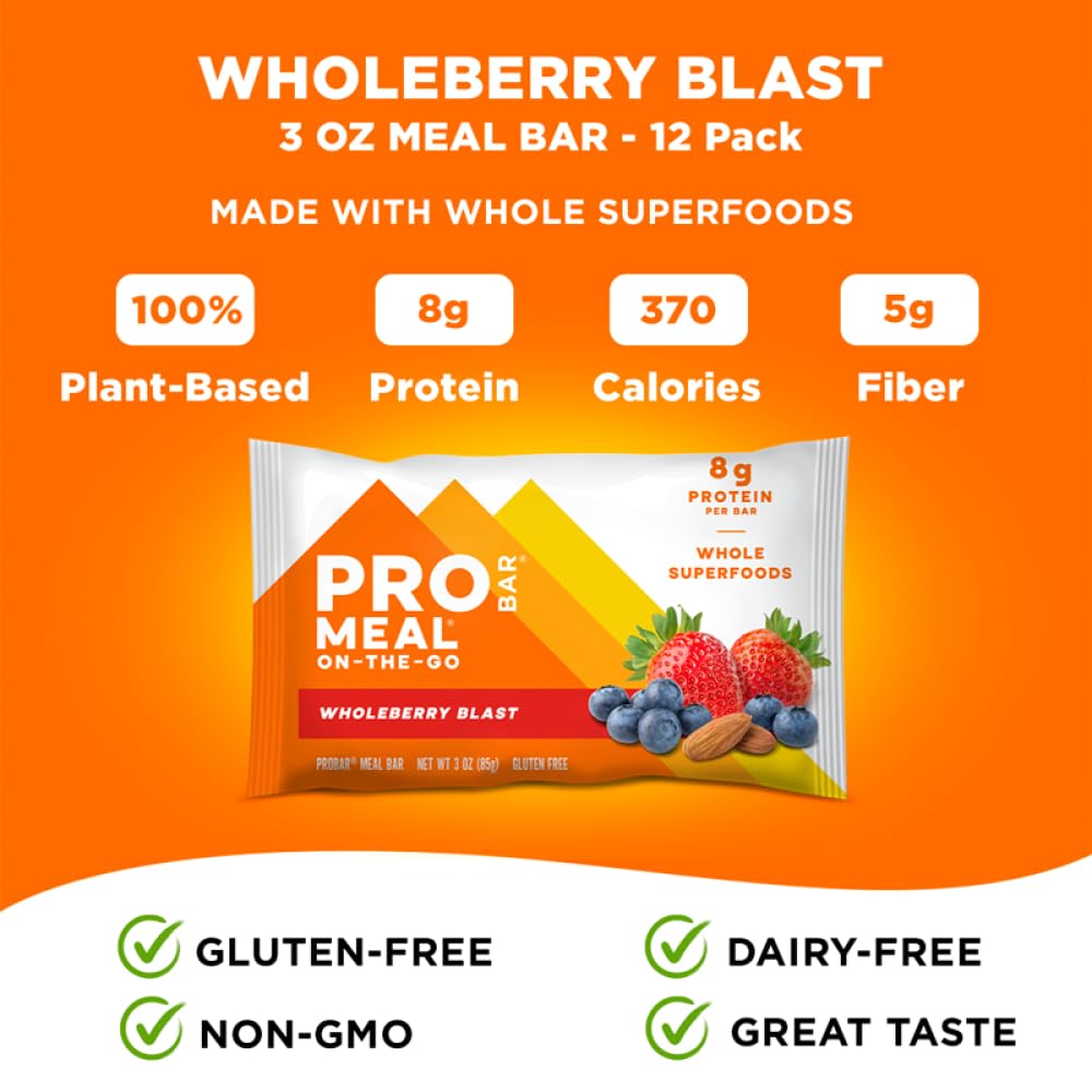 PROBAR MEAL Bar – Plant Based Meal Replacement Bar with Whole Food Ingredients, Oats, Nuts & Seeds, Vegan, Gluten Free, Non-GMO Nutrition Bar for Breakfast, Travel & On-the-Go Energy (Wholeberry Blast, 12 Count)