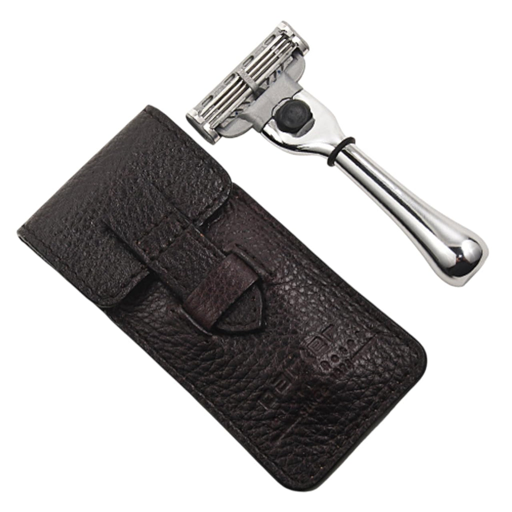 Parker Travel Razor – Compatible with Gillette® Mach3® Cartridges – Compact Chrome Brass Handle with Premium Buffalo Leather Case for Men’s Grooming & Travel