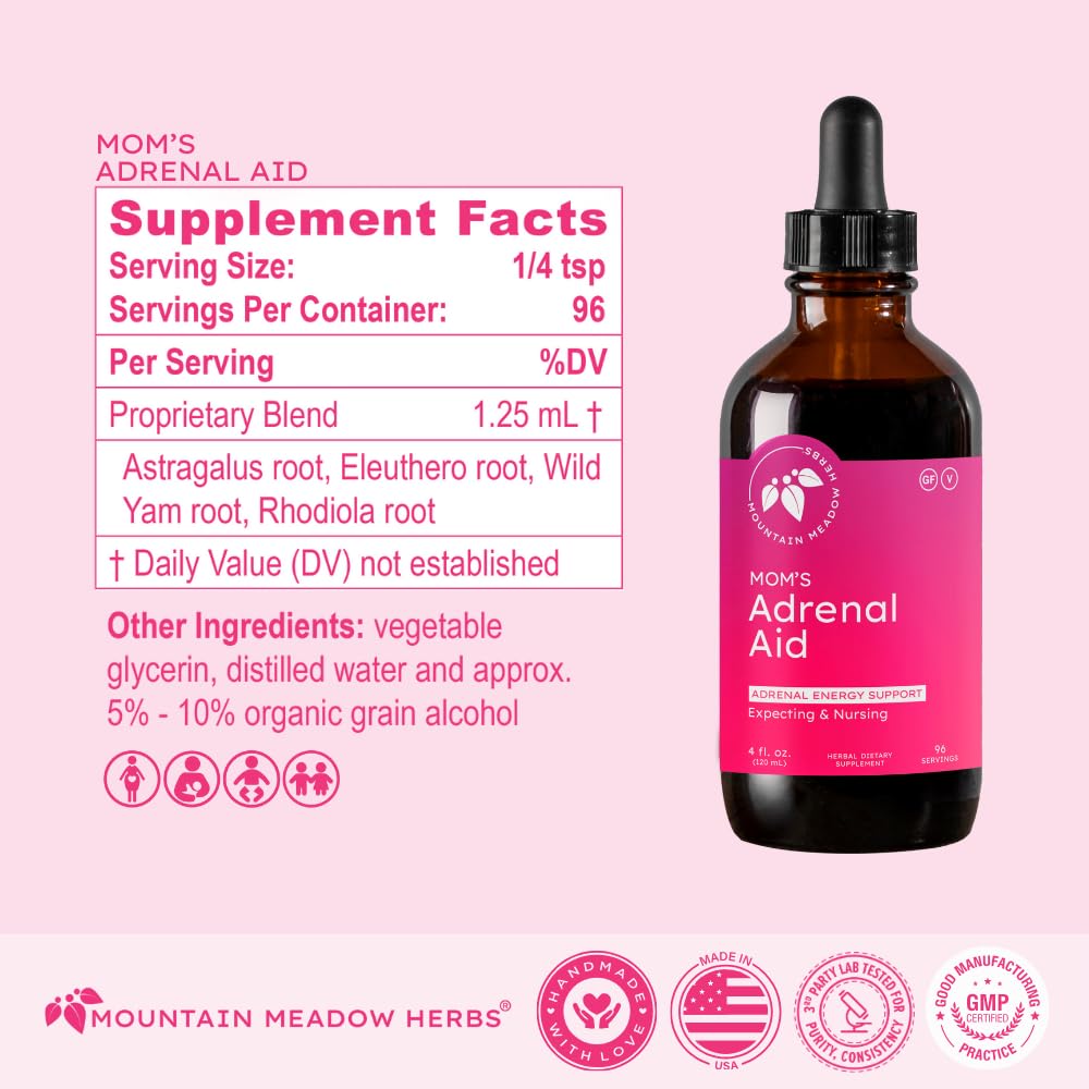 Mountain Meadow Herbs Mom's Adrenal Aid – Liquid Herbal Supplement, Natural Adrenal Support for Women, Safe for Expecting & Nursing Moms, Boosts Energy, Reduces Fatigue & Supports Hormone Balance 4oz