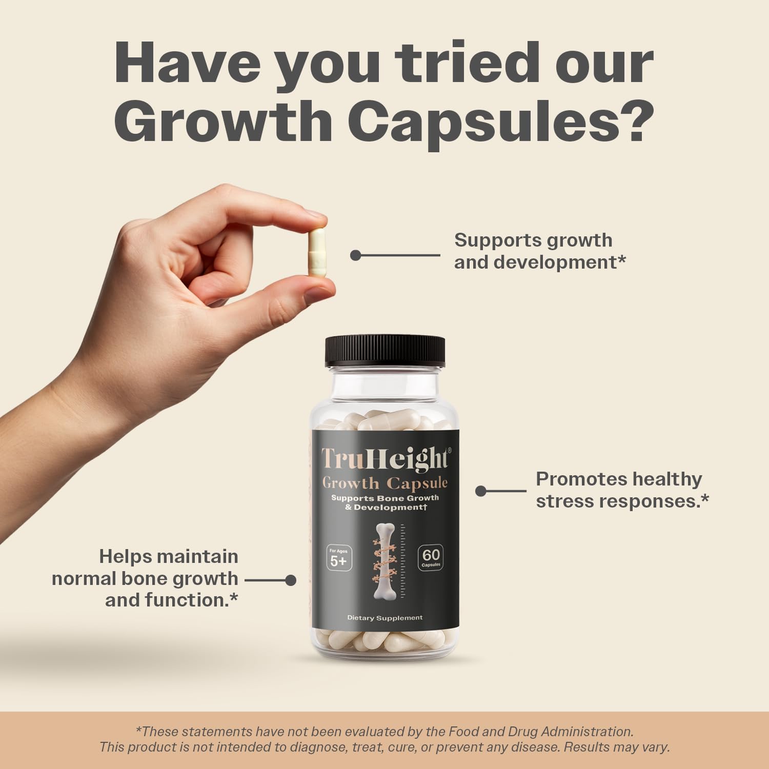 TruHeight Growth Capsules - Tall Nutrition for Natural Growth Supplement for Kids & Teens - Pediatric Vitamin D, K, Calcium & Ashwagandha - Kids Vitamins D3 K2 Pills, Taller Ages 5+ (Pack of 2)