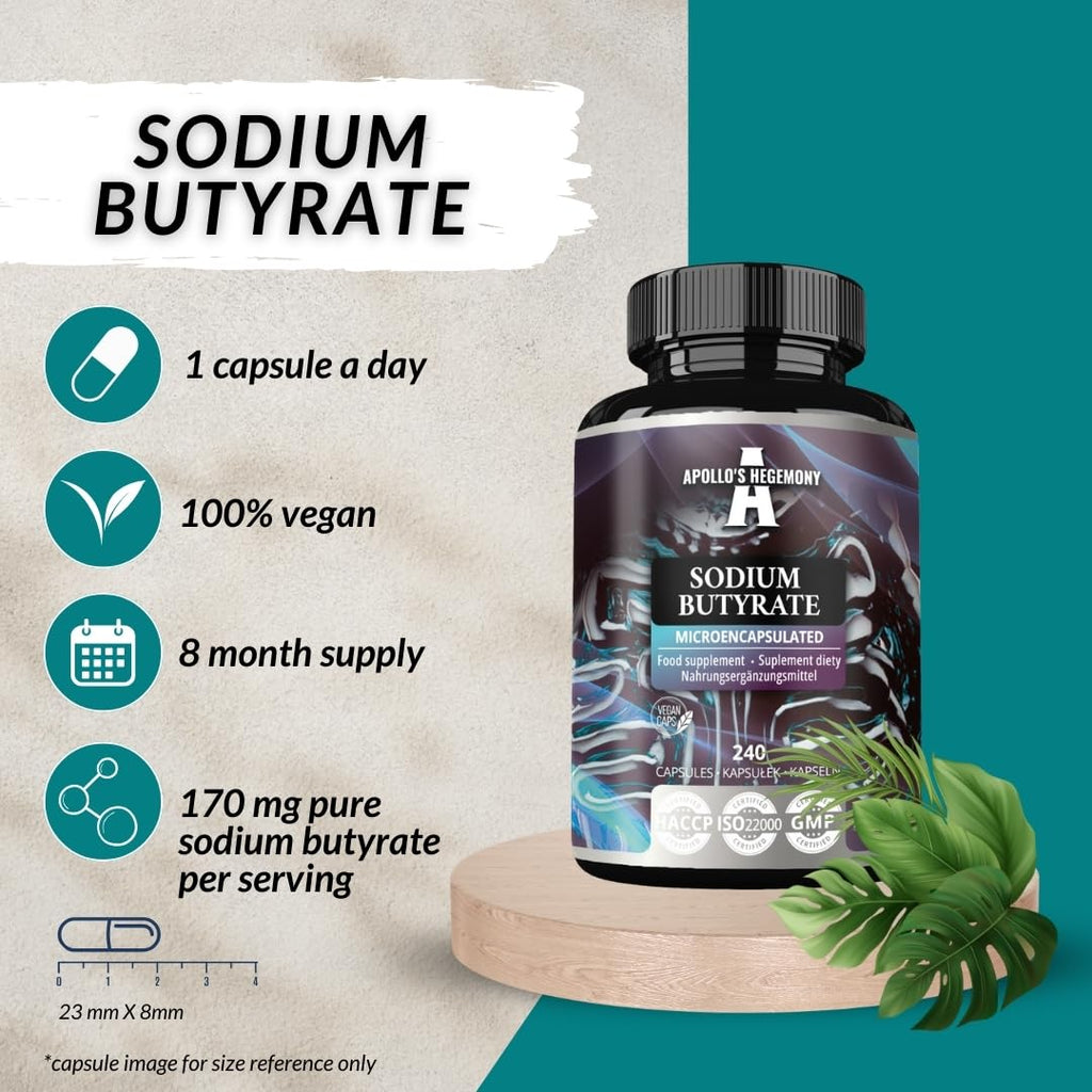 Sodium Butyrate High Dose 580 mg (30% Butyric Acid), 240 Vegan Capsules, 240 Days Supply, Sodium Supplement to Support Overal Gut Health - by Apollo's Hegemony