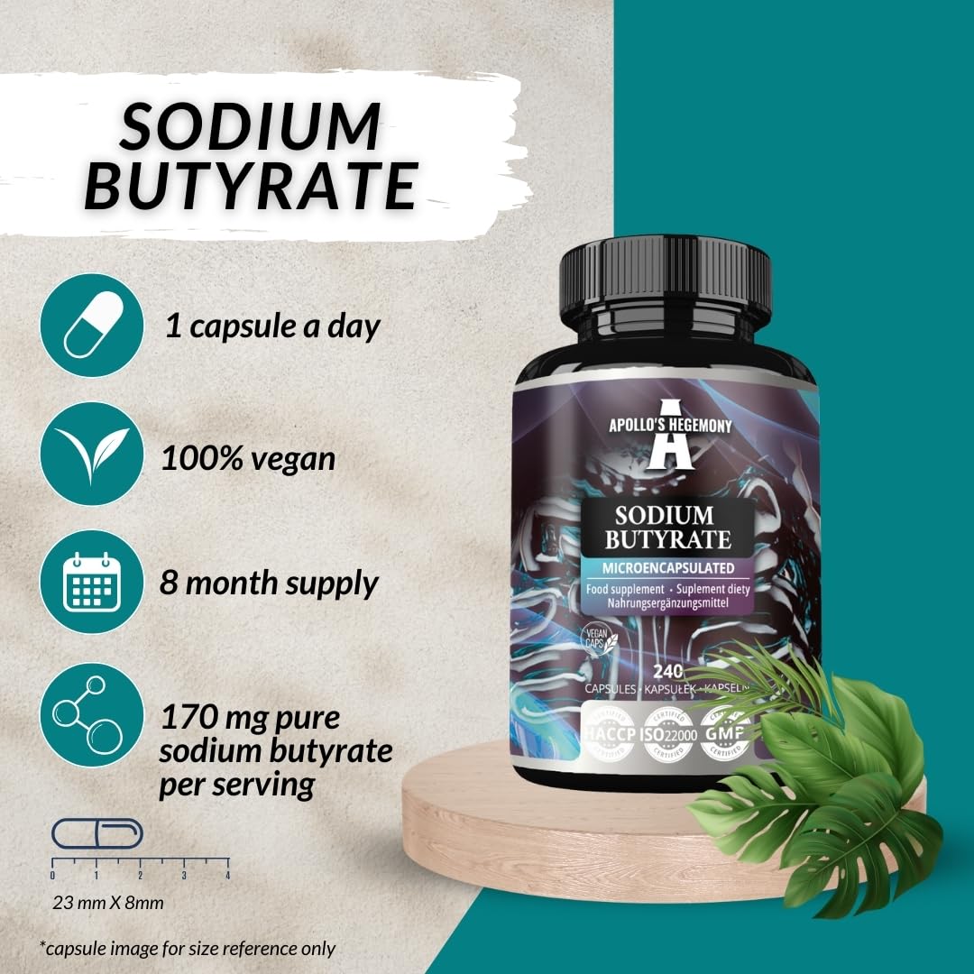 Sodium Butyrate High Dose 580 mg (30% Butyric Acid), 240 Vegan Capsules, 240 Days Supply, Sodium Supplement to Support Overal Gut Health - by Apollo's Hegemony